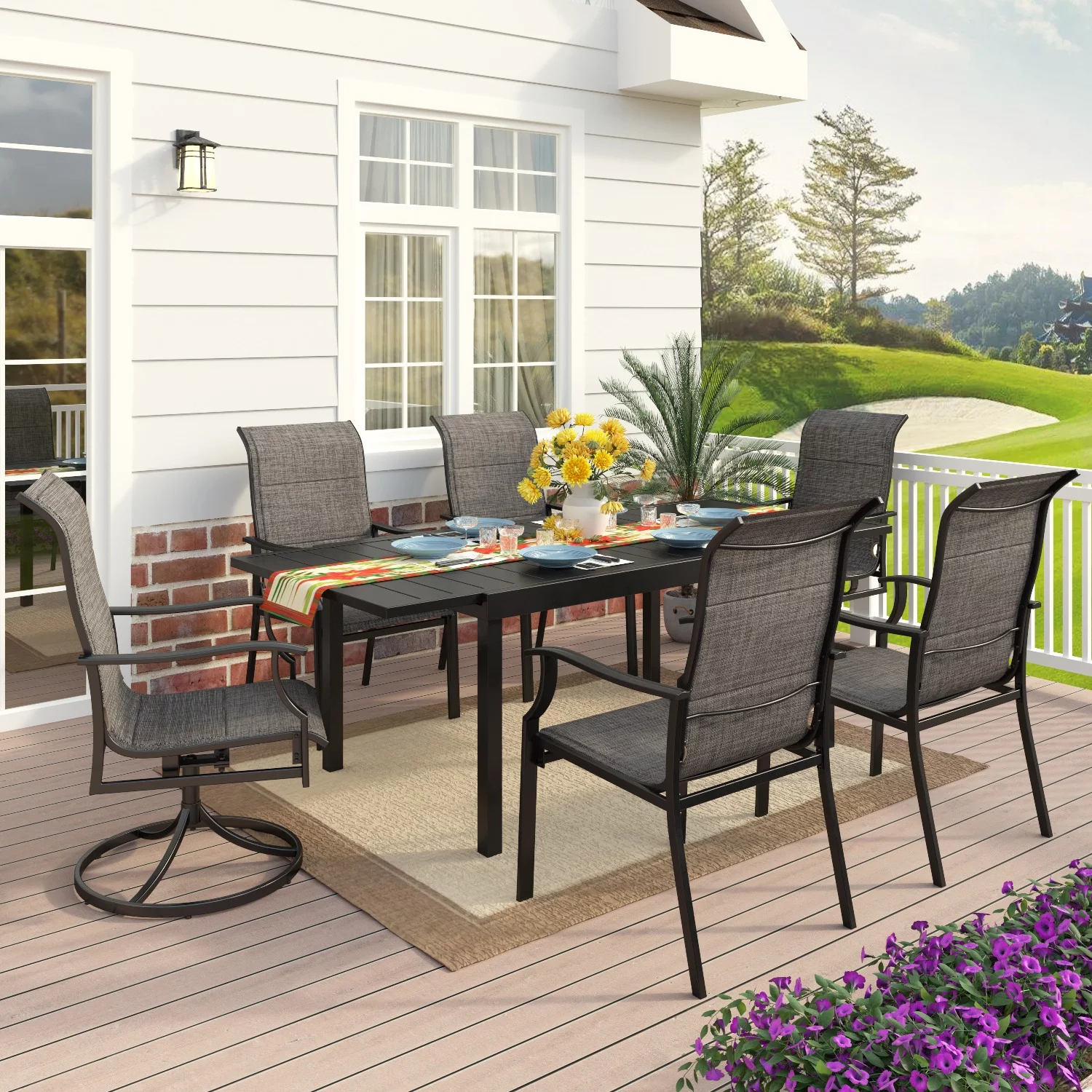 MF Studio 7 Pieces Outdoor Patio Dinning Set with 6 Pieces Textilen Outdoor Dining Chairs for Patio, Deck, Porch