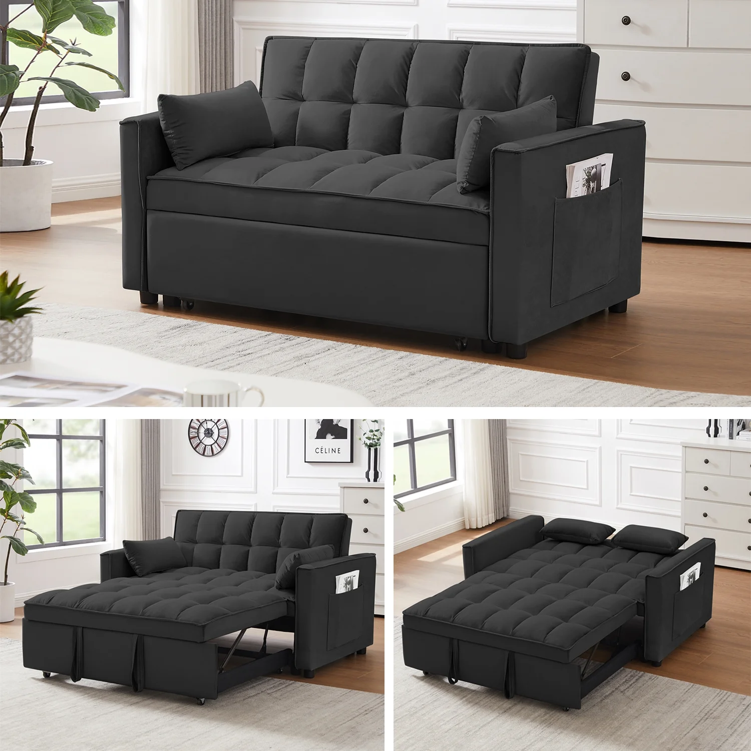 Modern Velvet Loveseat Futon Sofa Couch with Pullout Bed, 3-in-1 Convertible Sleeper Sofa, Reclining Backrest, Toss Pillows, and Storage Pockets, Black