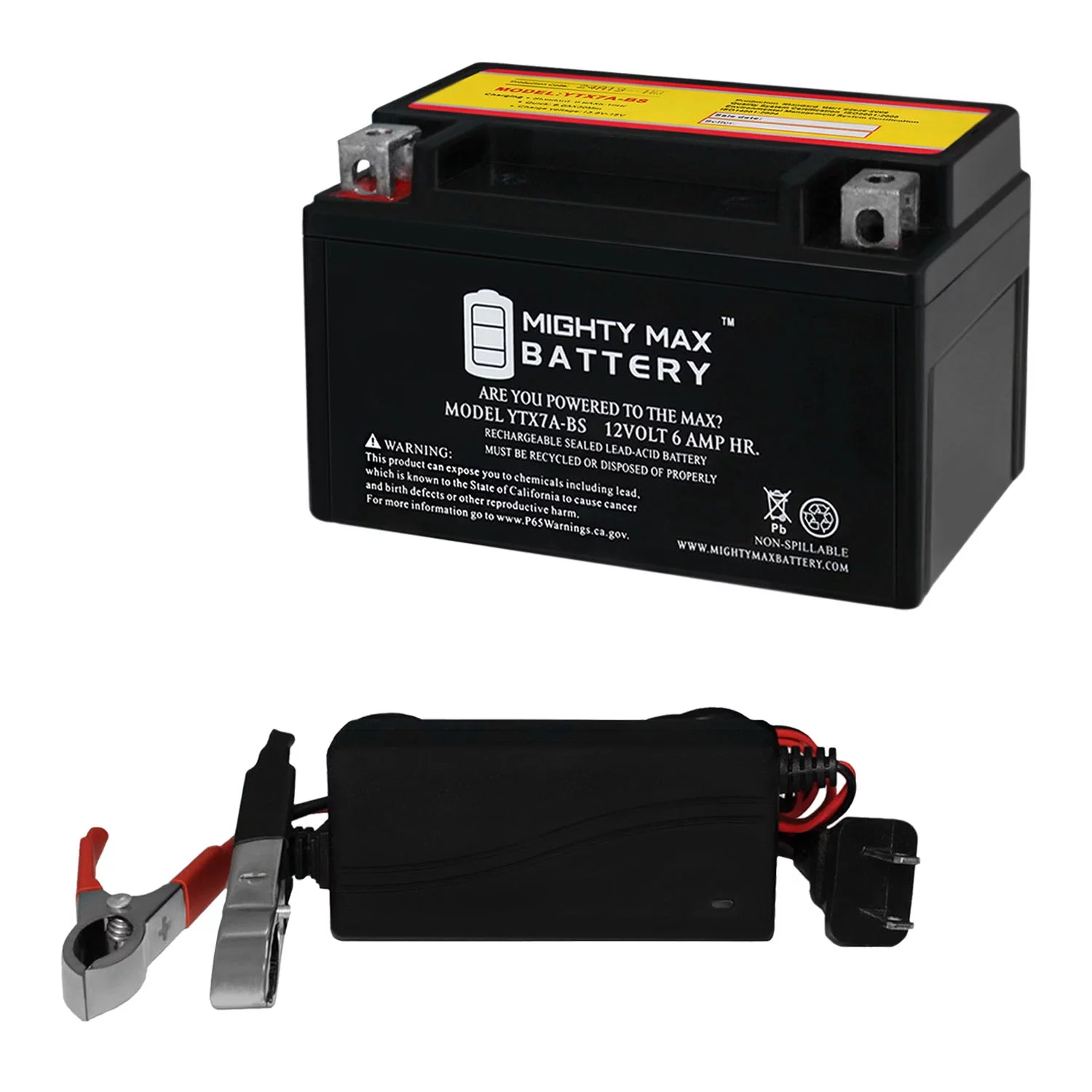 YTX7A-BS Battery Replaces Exide YTX7A-BS Motorcycle + 12V 1Amp Chargr