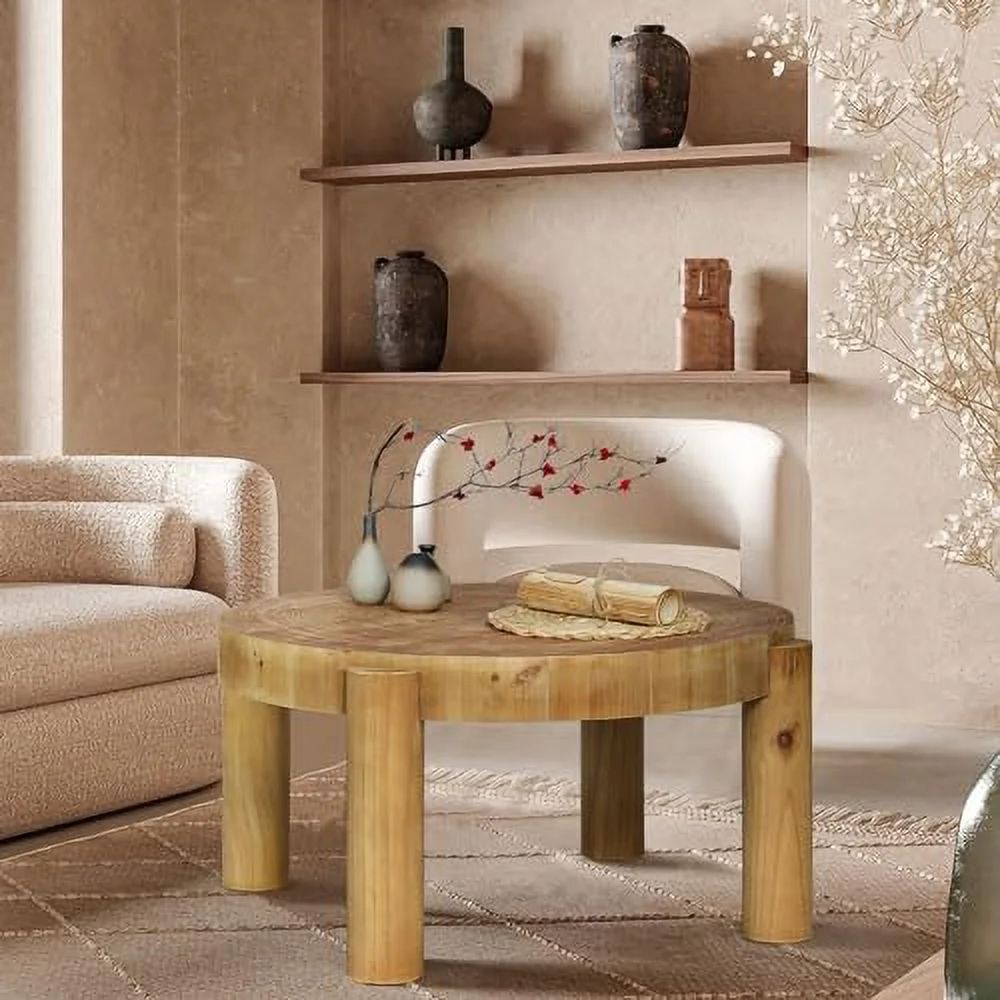 Round Wood Coffee Table - 31.5" Wooden Coffee Tables Living Room with Solid Pine Wood Legs and Natural Wood Veneer  Mid Century Modern  Circle Coffee Tables  Natural Wood Color