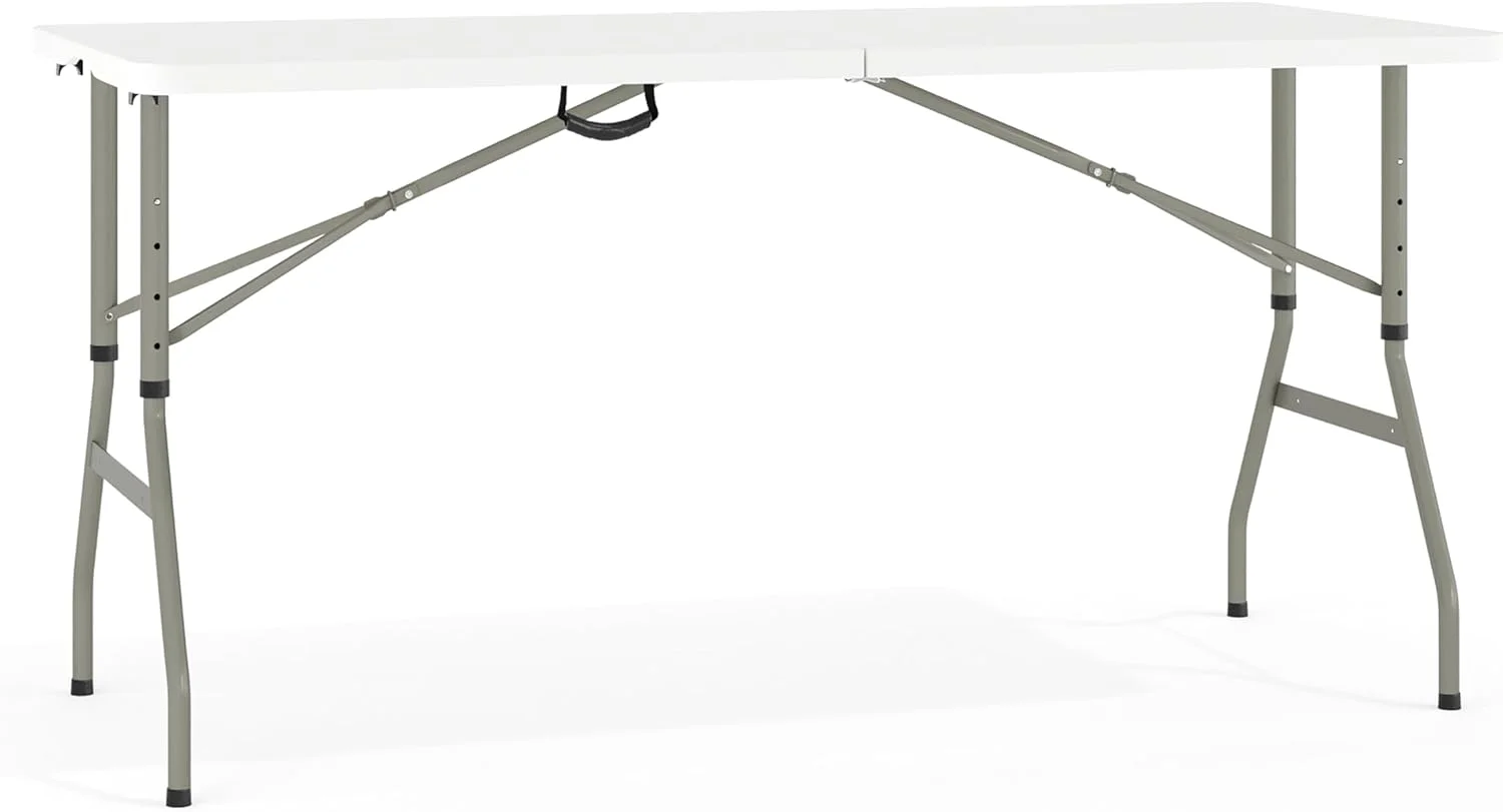 EMMA + OLIVER 5-Foot Height Adjustable Bi-Fold Granite White Plastic Folding Table with Handle