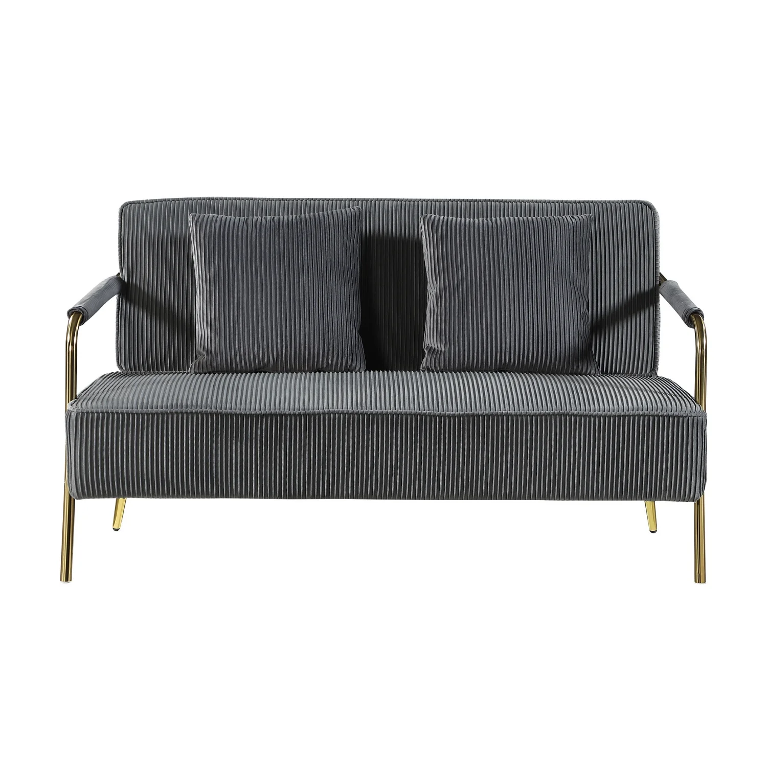 Modern and Comfortable 56” Upholstered Velvet Loveseat with Pleated Design  Comfy 2 Seater Small Sofa Couch featuring Gold Metal Legs and 2pcs Throw Pillows. Perfect for Living Room  Smal