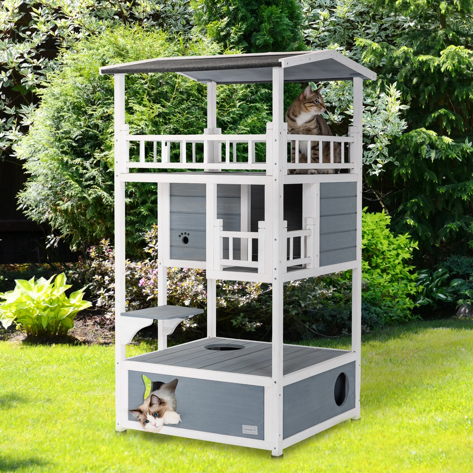 Petsfit 4-Level Outdoor Cat Wood House with Sun Deck,31 x 29 x 57 inches,Light Blue
