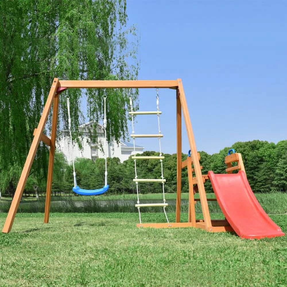 Adrinfly Wooden Swing Set with Slide, Outdoor Playset Backyard Activity Playground Climb Swing Outdoor Play Structure for Toddlers, Ready to Assemble Wooden Swing-N-Slide Set Kids Climbers