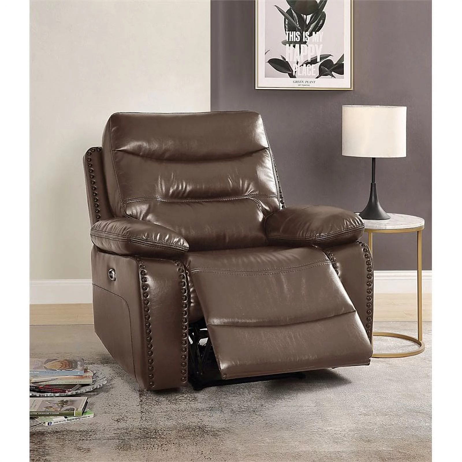 Bowery Hill Contemporary Leather-Gel Match Power Motion Recliner in Brown
