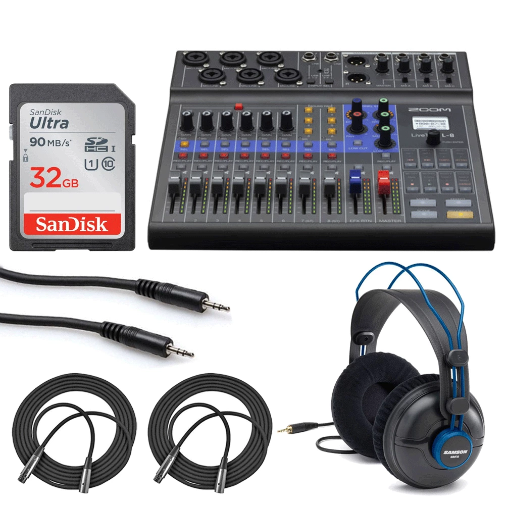 Zoom LiveTrak L-8 Portable 8-Channel Digital Mixer and Multitrack Recorder + 32GB Memory Card + Studio Headphones + Stereo Mini Male Cable + Mic Cables - Valued Bundle