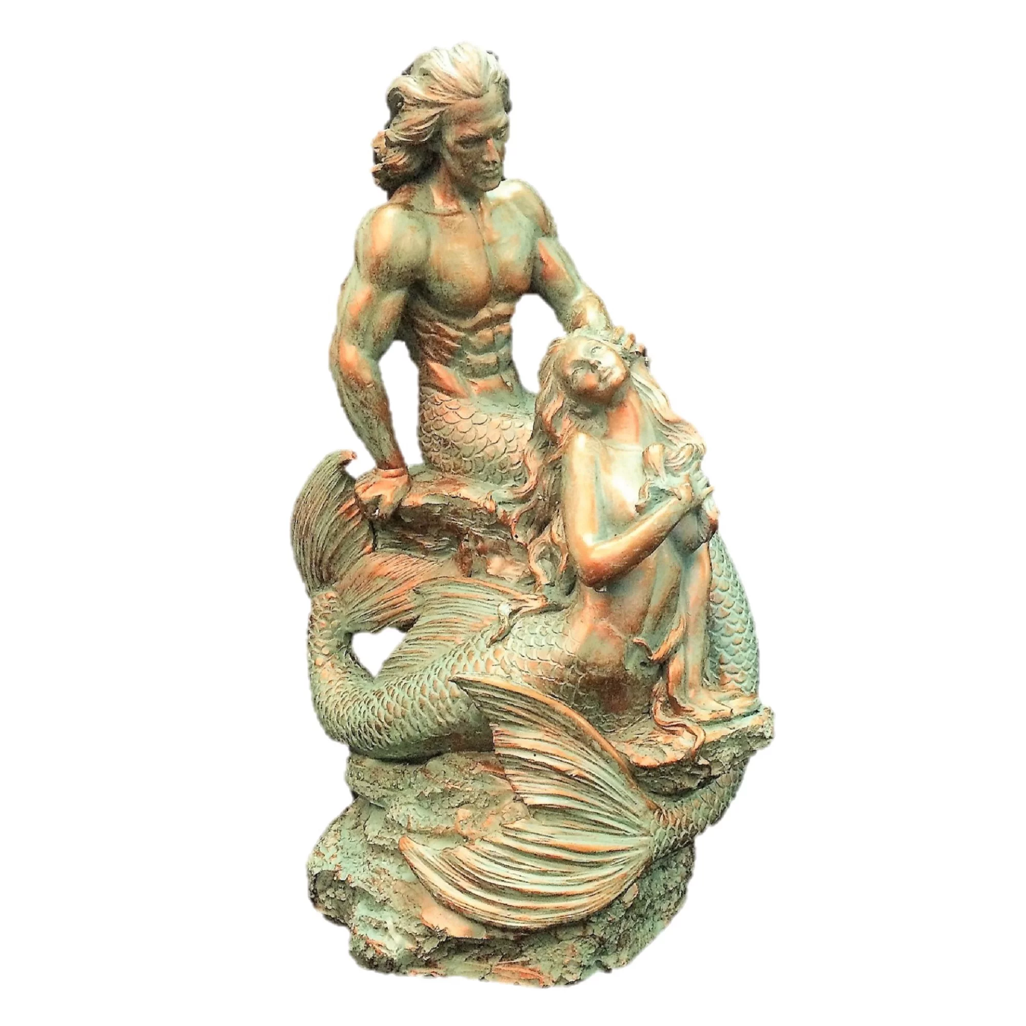 Homestyles 18 in. Sexy Merman & Mermaid on the Oceans Rock in Bronze Patina Finish Nautical Garden Beach Statue