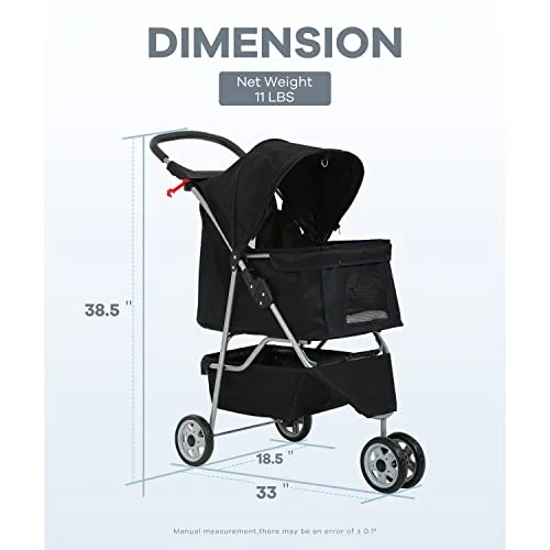 Dog Stroller, Pet Stroller Wheels Carrier Strolling Cart Travel Folding Cart for Puppy Small-Medium Dog, Cat (Black), 18.5 x 33 x 38.5 (inch)
