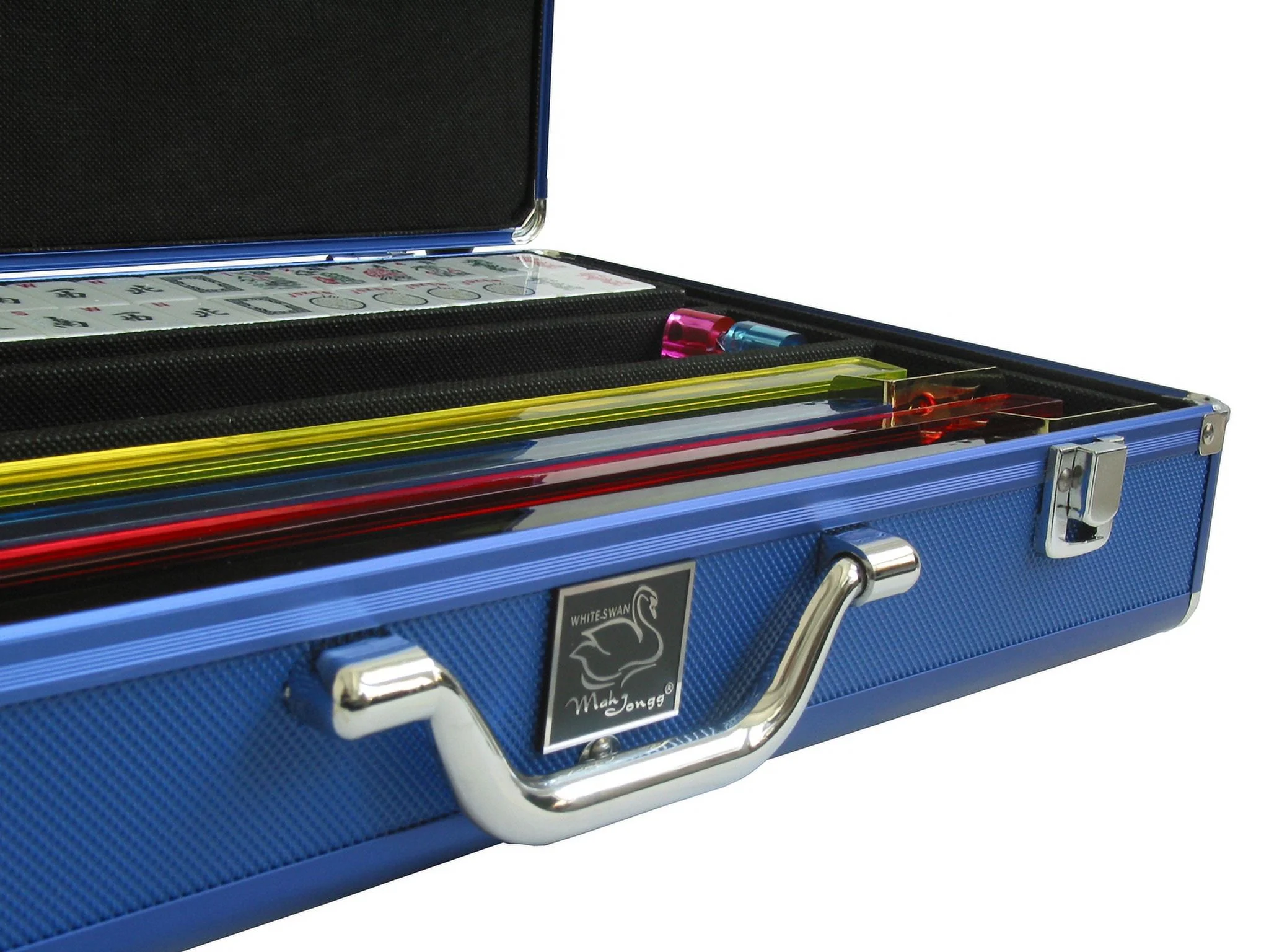 White Swan American Mahjong Set in Luggage-Style Blue Case - White/Blue Tiles - Classic Pusher Arms