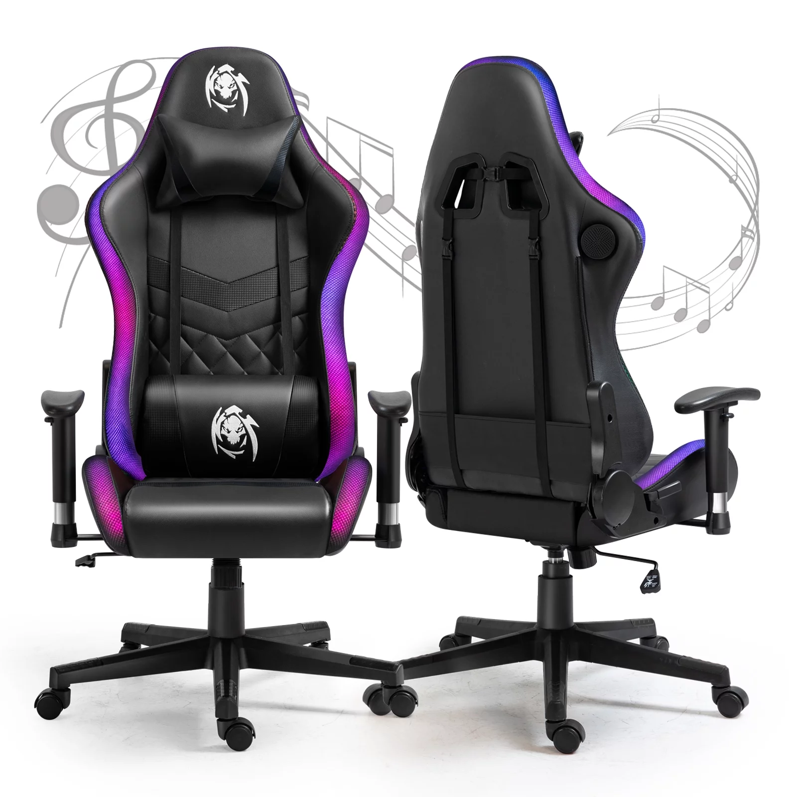 Czlolo Gaming Chair with Bluetooth Speakers and LED Lights, Music Video Game Chair, Ergonomic Computer Gamer Chair with Headrest and Lumbar Support for Adults, Black