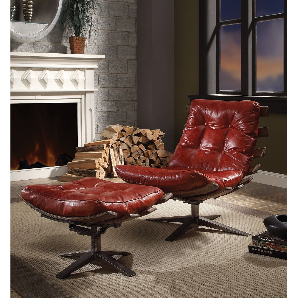 DeeHome ACME Gandy Chair & Ottoman (2Pc Pk) in Antique Red Top Grain Leather 59531