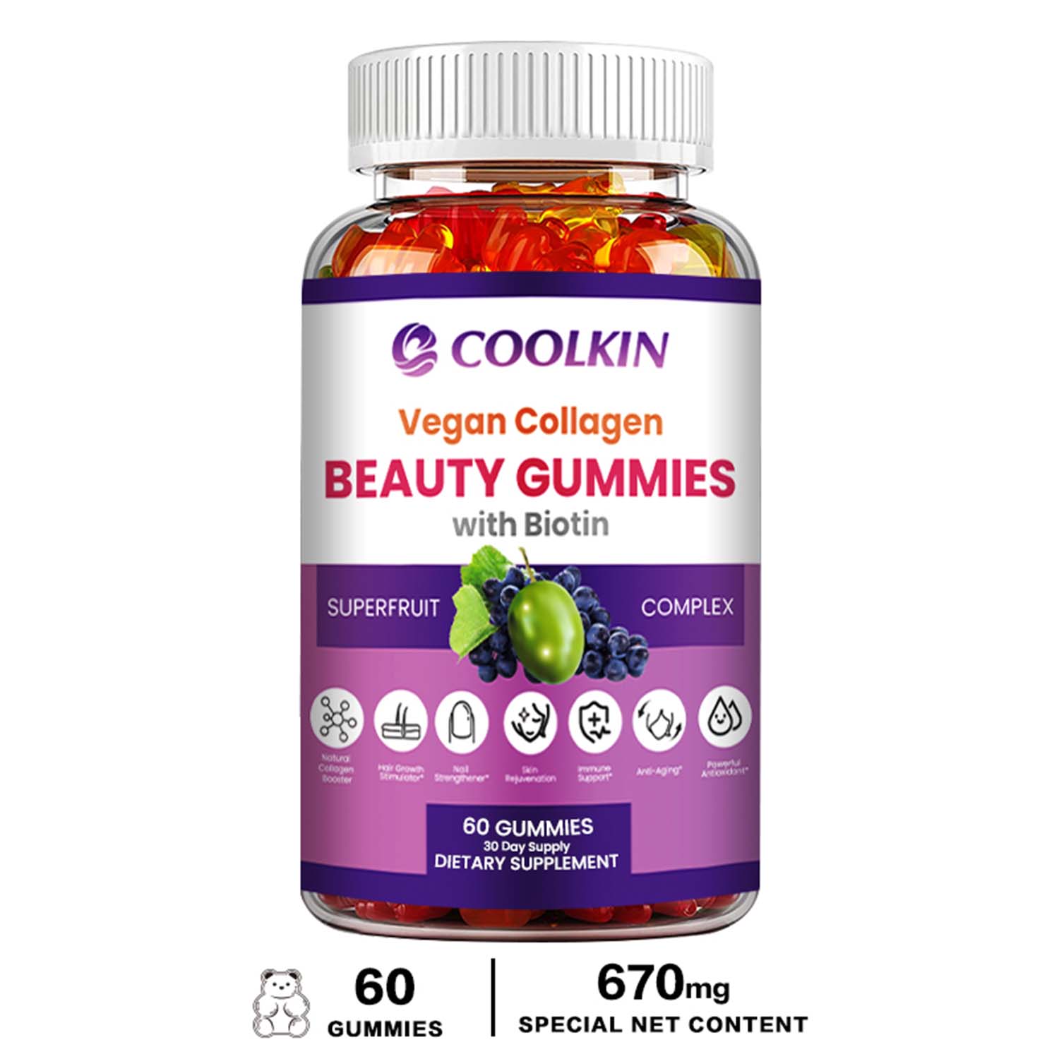 Coolkin Vegan Collagen BEAUTY GUMMIES - with Biotin - Supports Hair, Skin, Nail Health(30/60/100pcs)