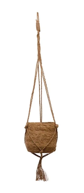 Creative Co-Op Round Hanging Straw Planter with Long Jute Rope and Tassel, Natural, Set of 2