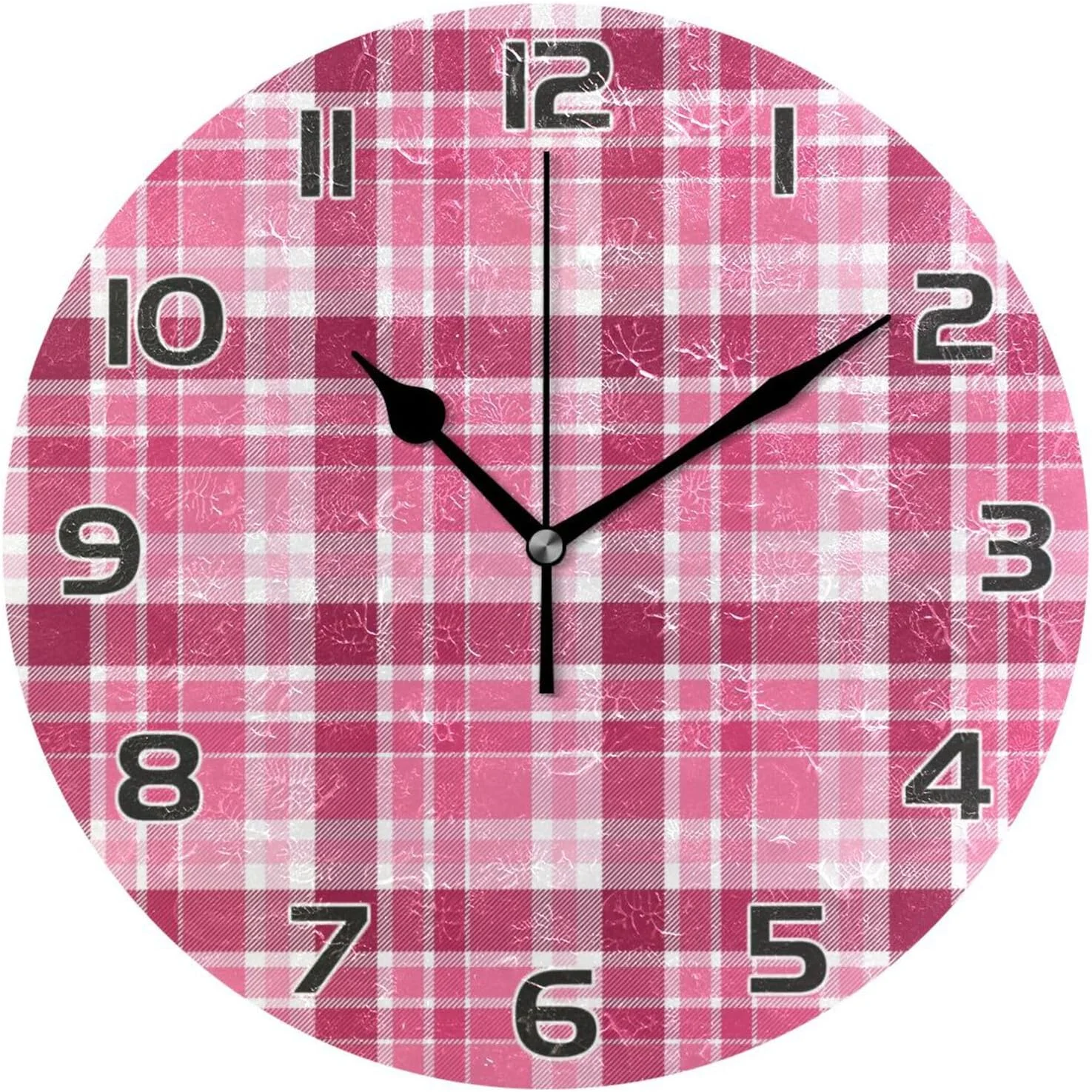Pink Buffalo Plaid Wall Clock Round Vintage Silent Non Ticking Battery Operated Accurate Arabic Numerals Design for Home Kitchen Living Room Bedroom Inch