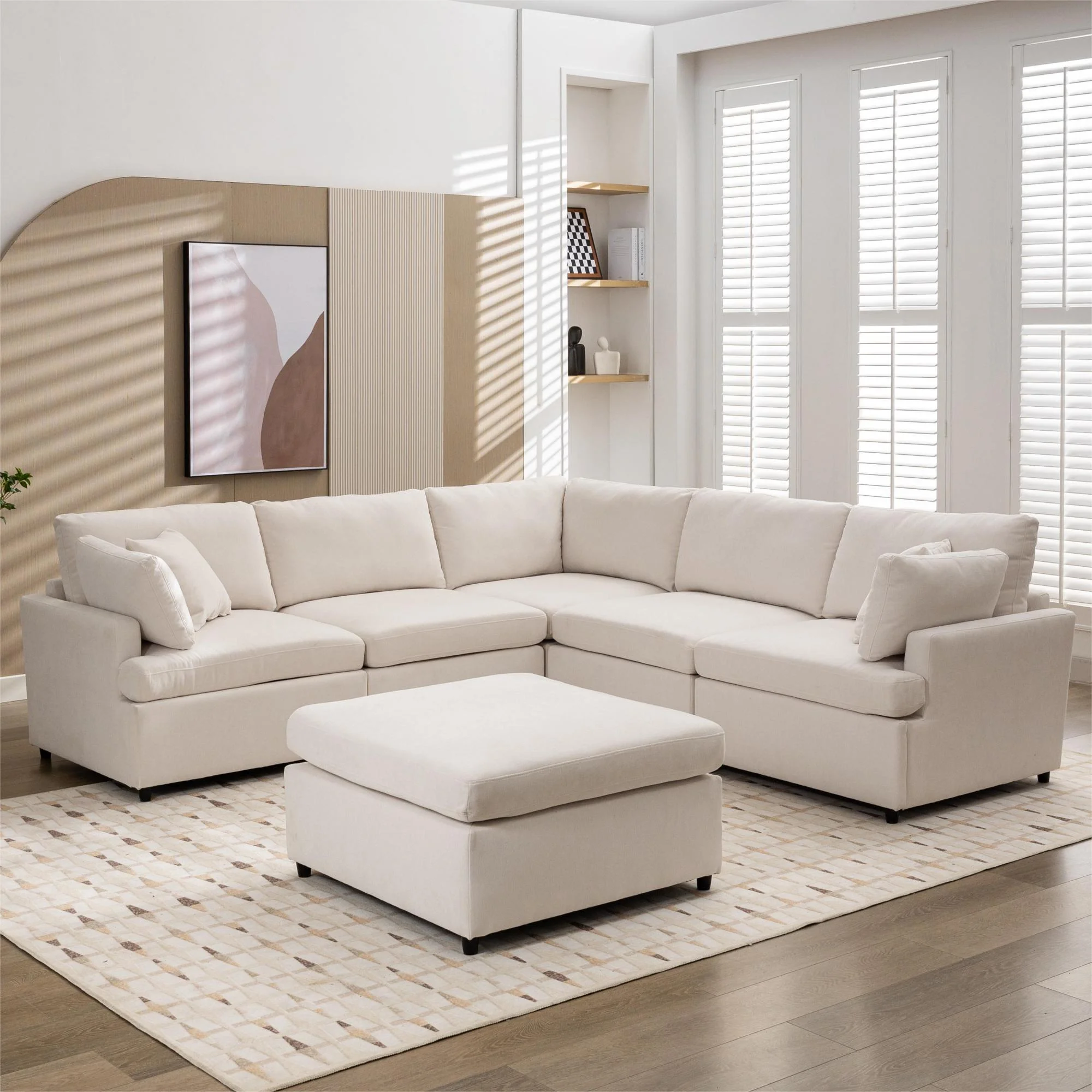 GNIXUU Modular Sectional Sofa L Shaped Couch with Movable Ottoman,Modern Fabric 6 Seater Living Room Furniture Sets Sleeper Sofá Bed with Chaise,Beige