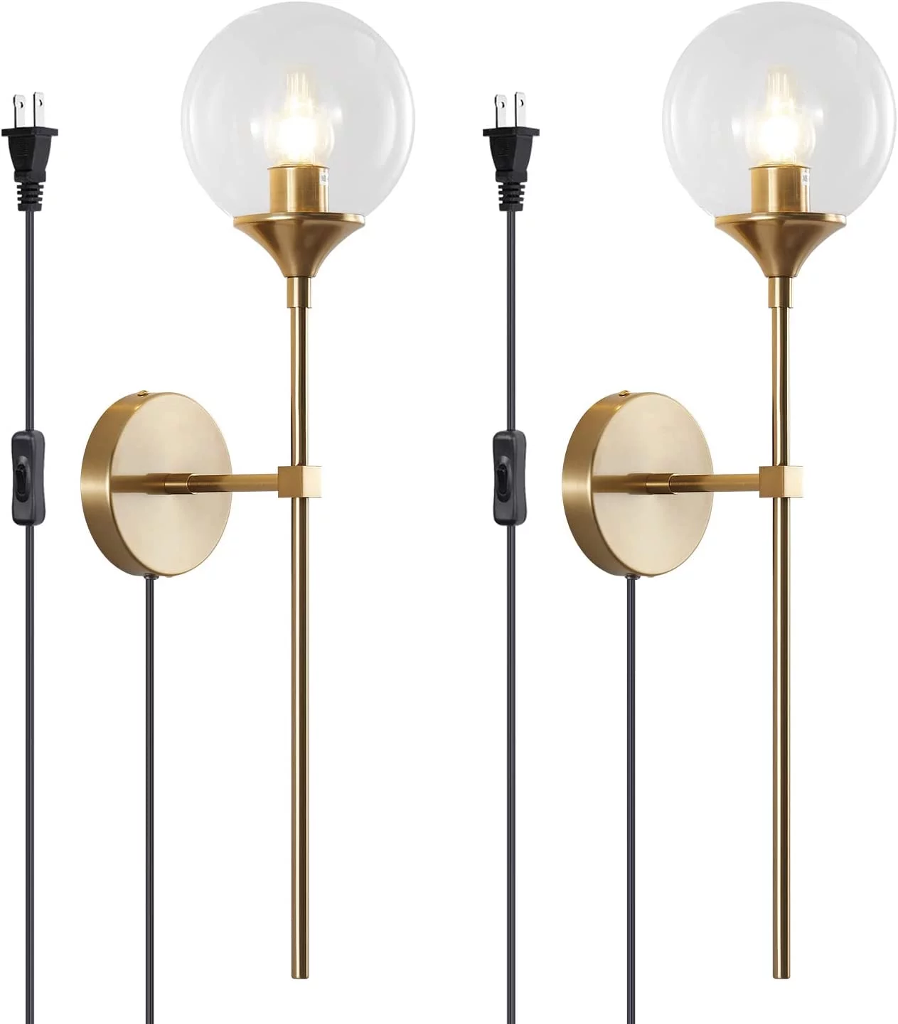 YANRUI Modern Long Globe Plug in Wall Sconce Lighting Set of 2 Mid Century Brass Gold Wall Sconce Light Plug in Set of Two Clear Glass Bathroom Bedroom Wall Lamp (Clear-Plug in)