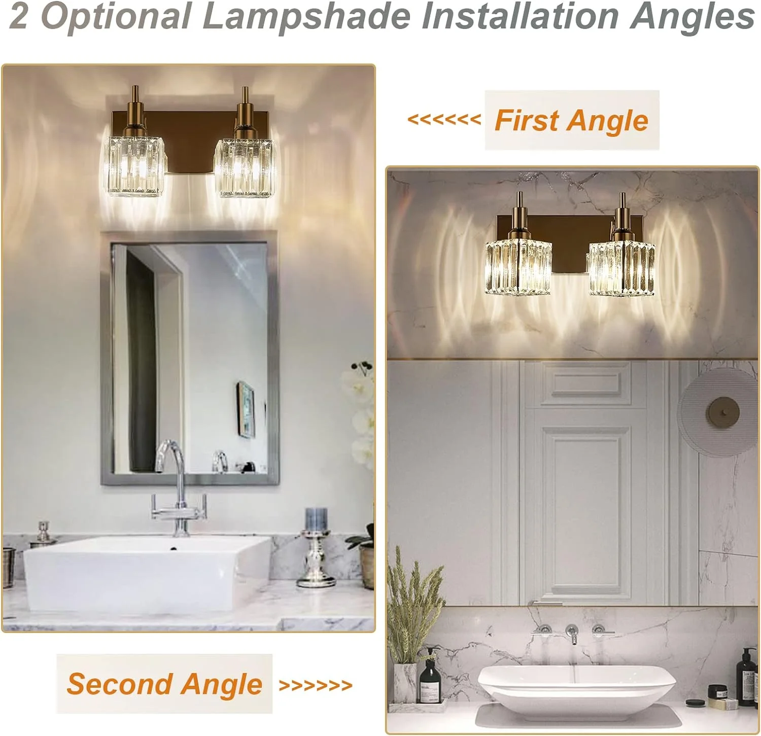 YUMIAO Modern Crystal Bathroom Vanity Light 2-Light Wall Light Fixtures Over Mirror Chrome Vanity Lighting for Bathroom Square Shade Wall Sconce