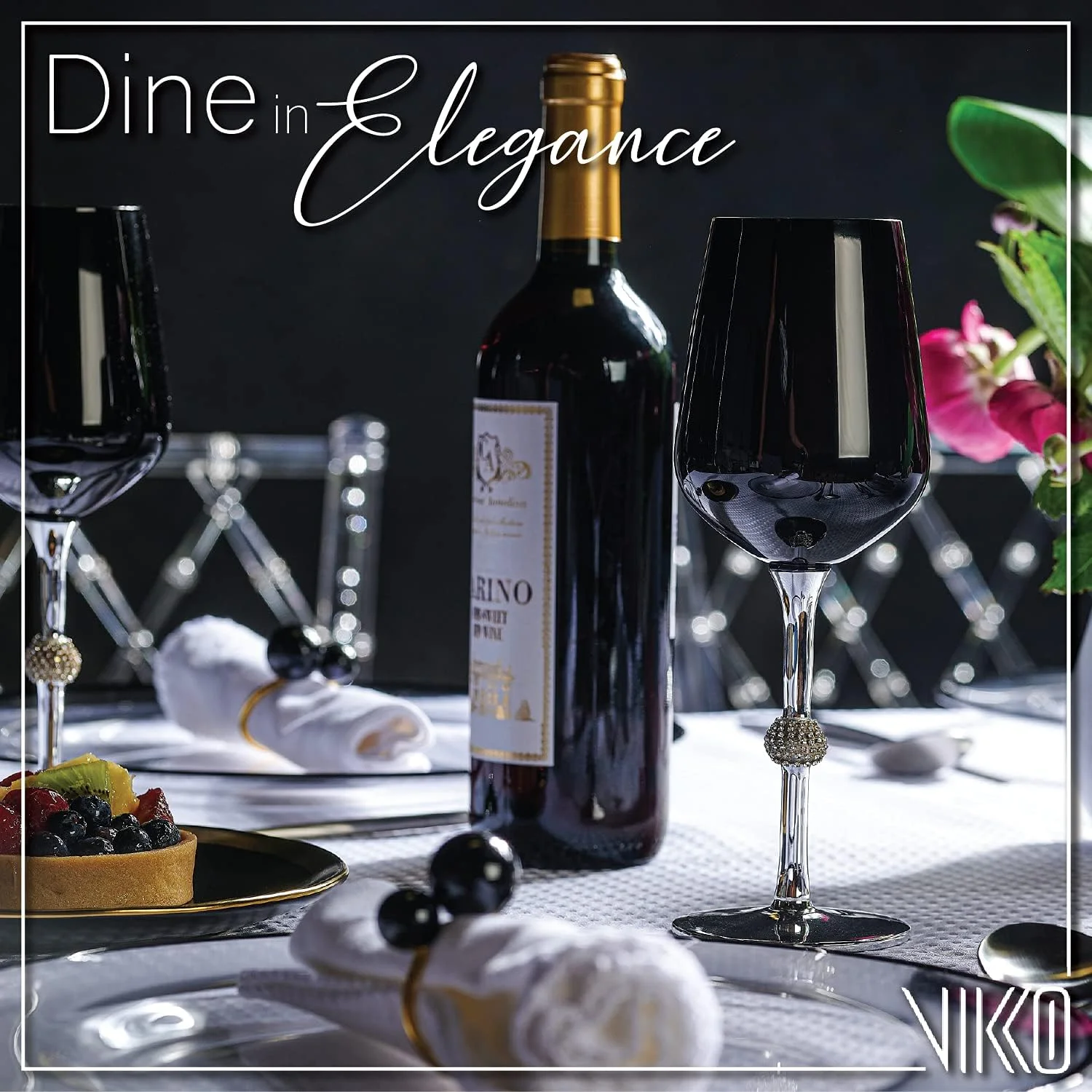 Black  Silver Wine Glasses: 14.2 Oz Wine Tasting Glass – Decorative Wine Glass With Diamante Accented Stem – Fancy Stemmed Wine Glasses Set Of 6 – 9.2” X 2.4” Stemware