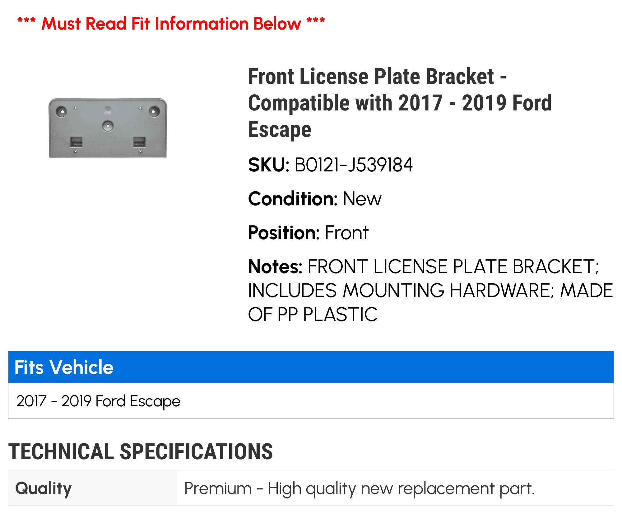 Front License Plate Bracket - Compatible with 2017 - 2019 Ford Escape 2018