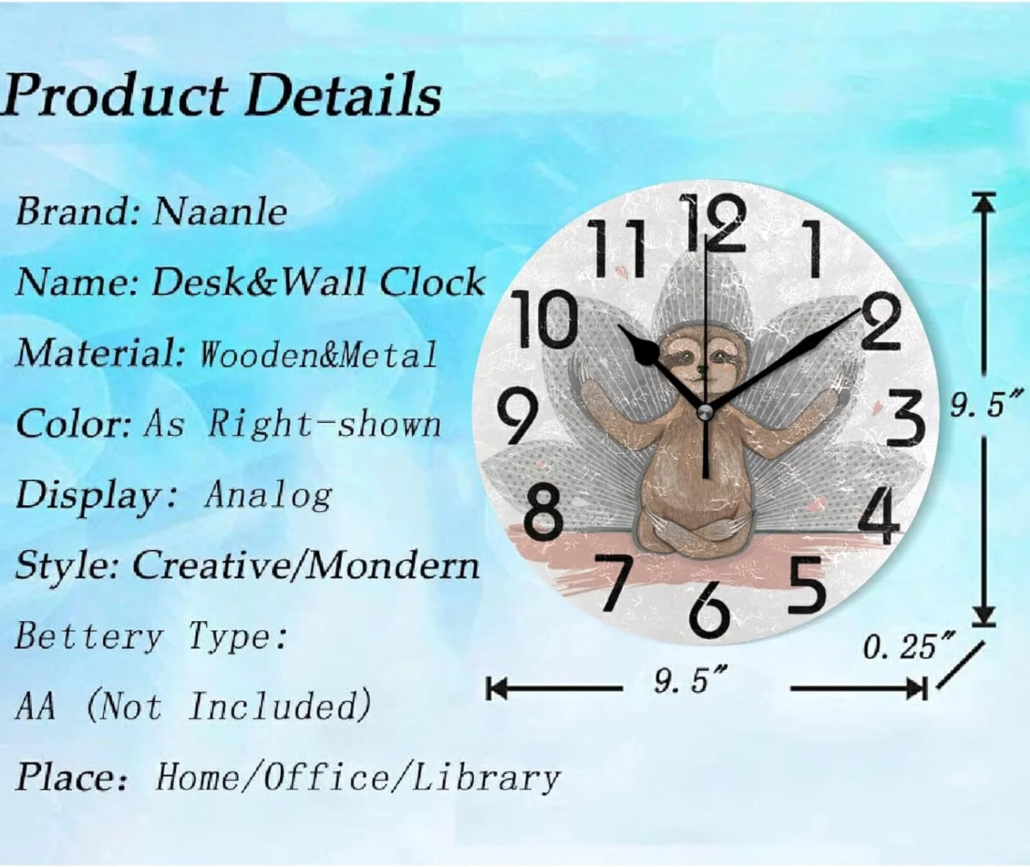 Wellsay Cute Sloth in Yoga Meditation Round Wall Clock, 9.5 Inch Battery Operated Quartz Analog Quiet Desk Clock for Home,Office,School,Kitchen