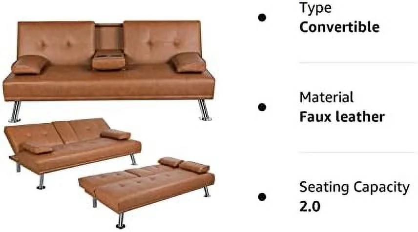 SJOPLMN Convertible Sofa Bed Adjustable Couch Sleeper Modern Faux Leather Home Recliner Reversible Loveseat Folding Daybed Guest Bed  Removable Armrests  Cup Holders  3 Angles  772lb Capa