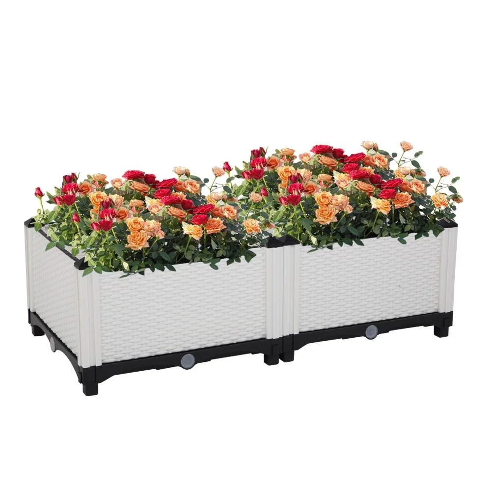 Plastic Raised Garden Bed Kit, Seizeen Planting Box Set of 2, Garden Plant Container Rattan Pattern, with Removable Legs, Drainage Hole, Free Combined DIY Design