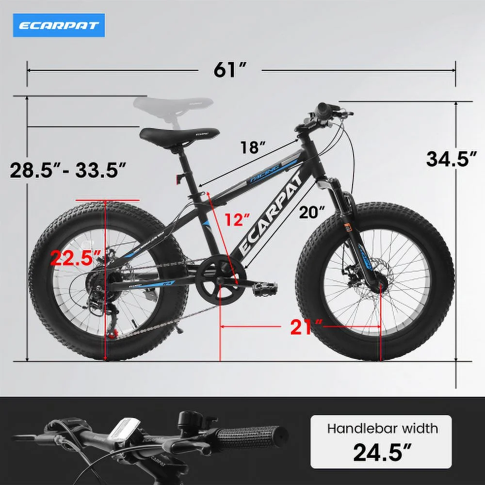 20 Inch Fat Tire Bike Adult/Youth Full Shimano 7 Speed Mountain Bike, Dual Disc Brake, High-Carbon Steel Frame, Front Suspension, Mountain Trail Bike, Urban Commuter City Bicycle,Fat tire bike