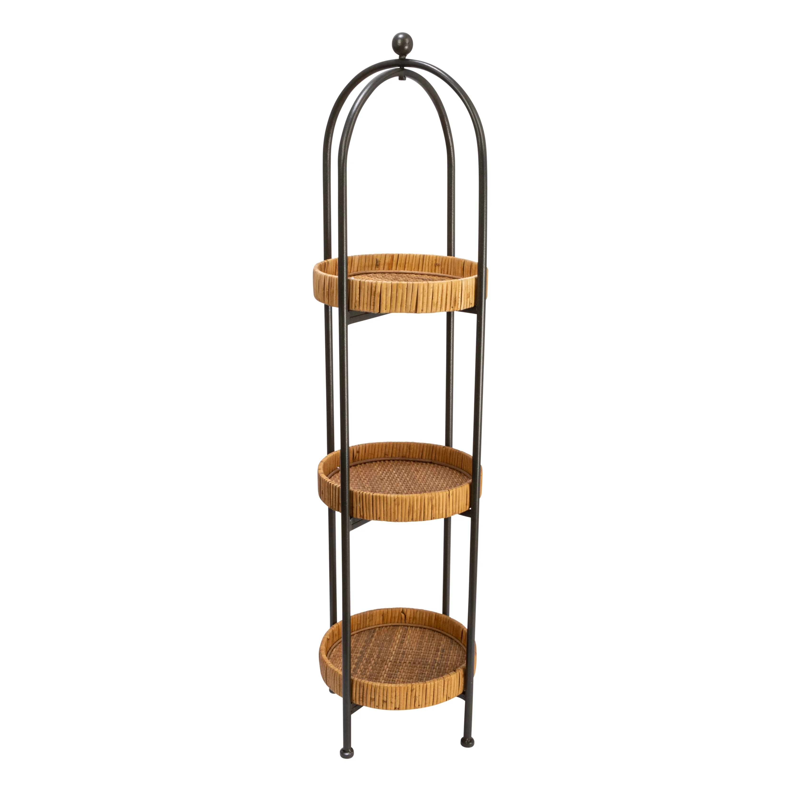 Creative Co-Op Boho Arched Metal Plant Stand or Shelf with 3 Round Removable Rattan Trays, Natural and Black