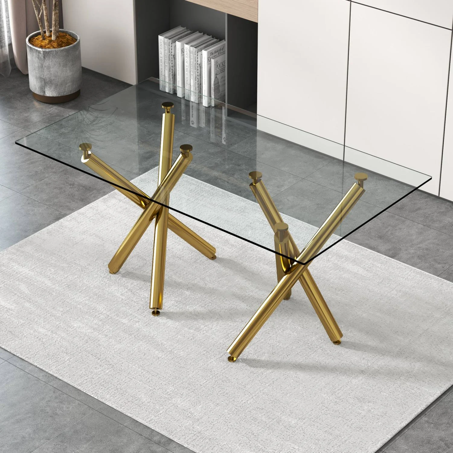Luxurious and Large Modern Minimalist Rectangular Glass Dining Table with Stunning 0.39” Thick Tempered Glass Tabletop and Elegant Golden Metal Legs for 6-8 People. Ideal for Kitchen  Din