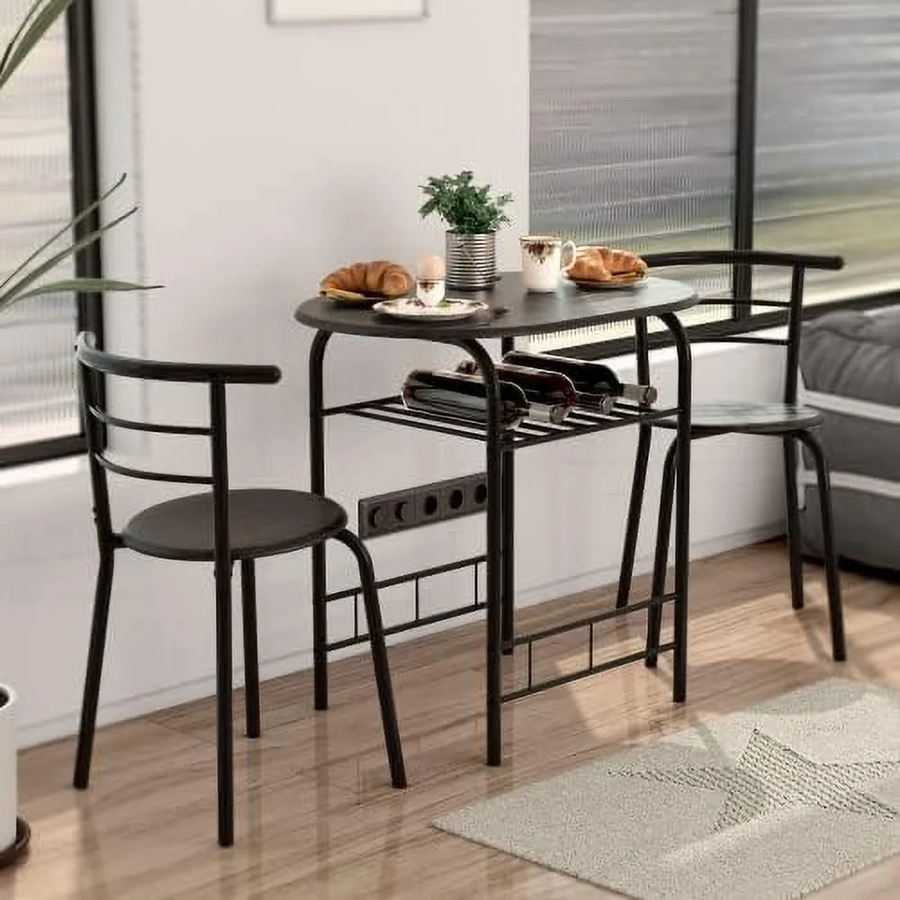 TJUNBOLIFE 3-Piece Round Dining Table Set for 2  Compact Table & Chairs Set for Kitchen Space-Saver Bistro Set Steel Frame w/   Black