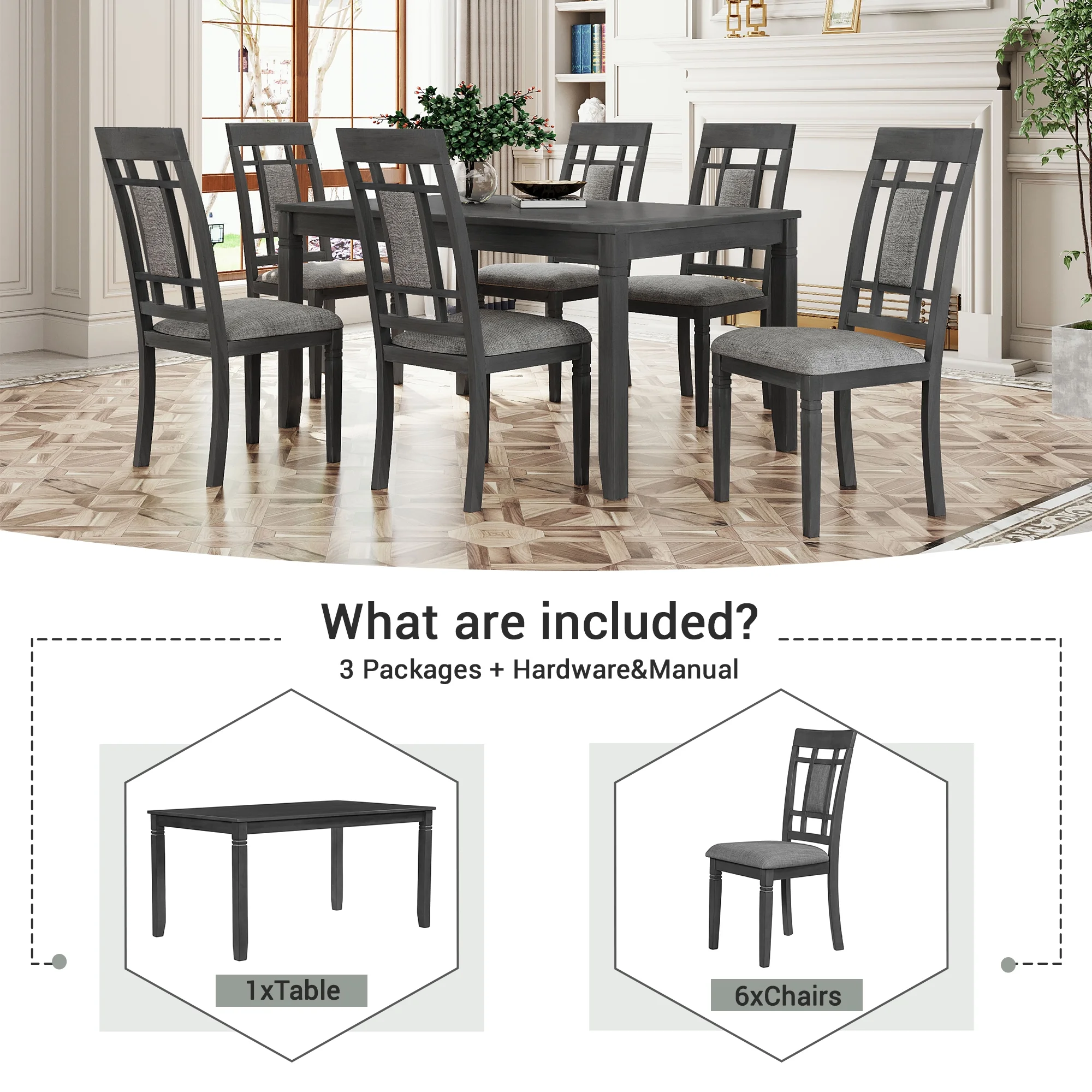 CoSoTower 7-Piece Farmhouse Rustic Wooden Dining Table Set Kitchen Furniture Set with 6 Padded Dining Chairs, Gray