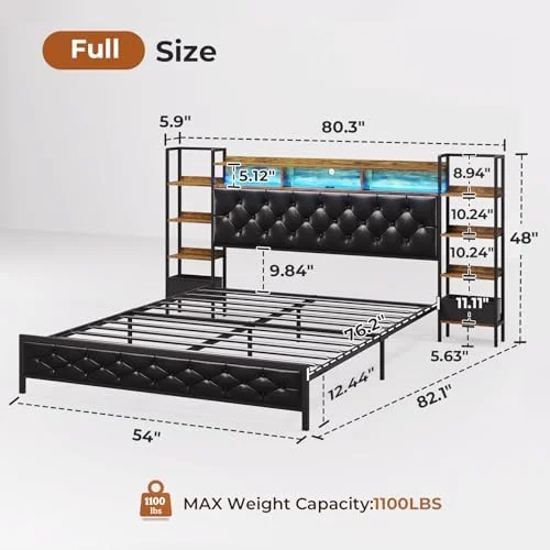HBLUKDL Queen Bed Frame with  Headboard and LED Lights Queen Size Metal Platform Bed with Charging Station and Bookshelf Queen Size Bed with Upholstered Headboard No Box Spring Needed Bla