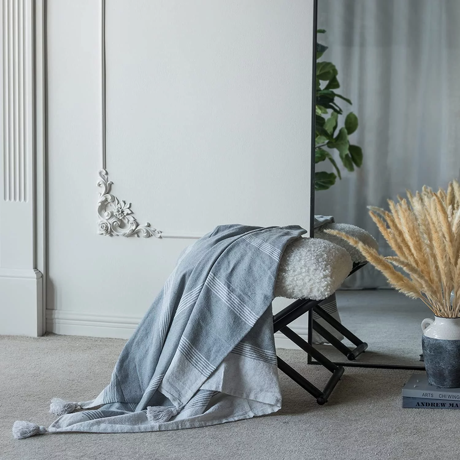 A&B Home Throw Blanket - Light Gray and White Stripe Woven Cotton Blend Blanket, 50