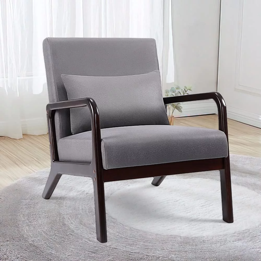 Mid-Century Modern Chair,Accent Chair with Lumbar Pillow,Upholstered Armchair,Comfy Reading Chair, Lounge Side Chair for Living Room Bedroom Apartment,Easy Assembly