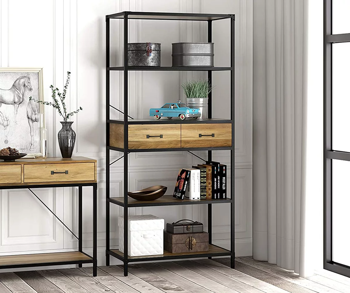 eHemco 5 Tier Rustic Design Bookcase with 2 Drawers, 68.5 Inches, Black Base