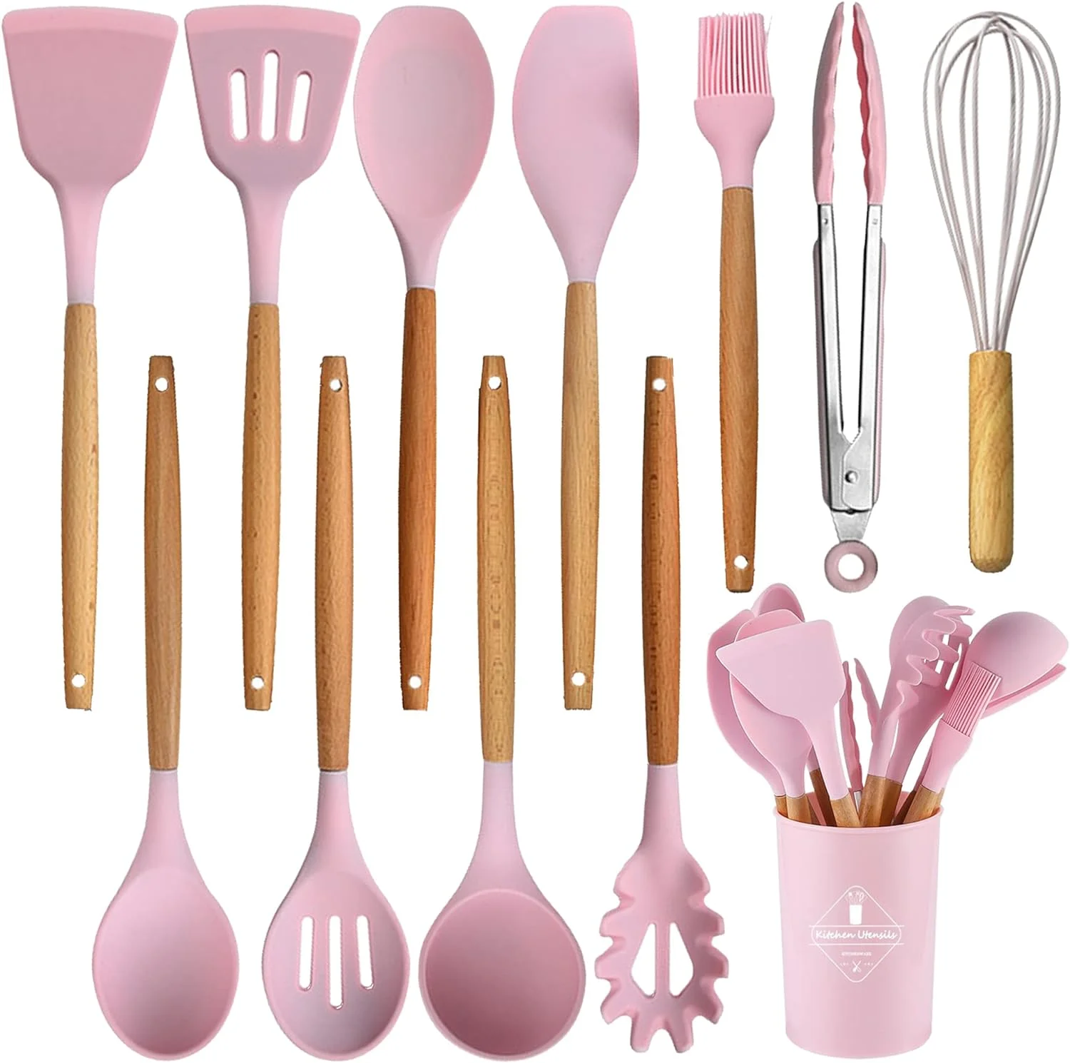 12Pcs Silicone Kitchen Utensils Set, Non-stick Cookware, Heat-resistant, BPA-free, Stirring Kitchen Tool Set (Pink)