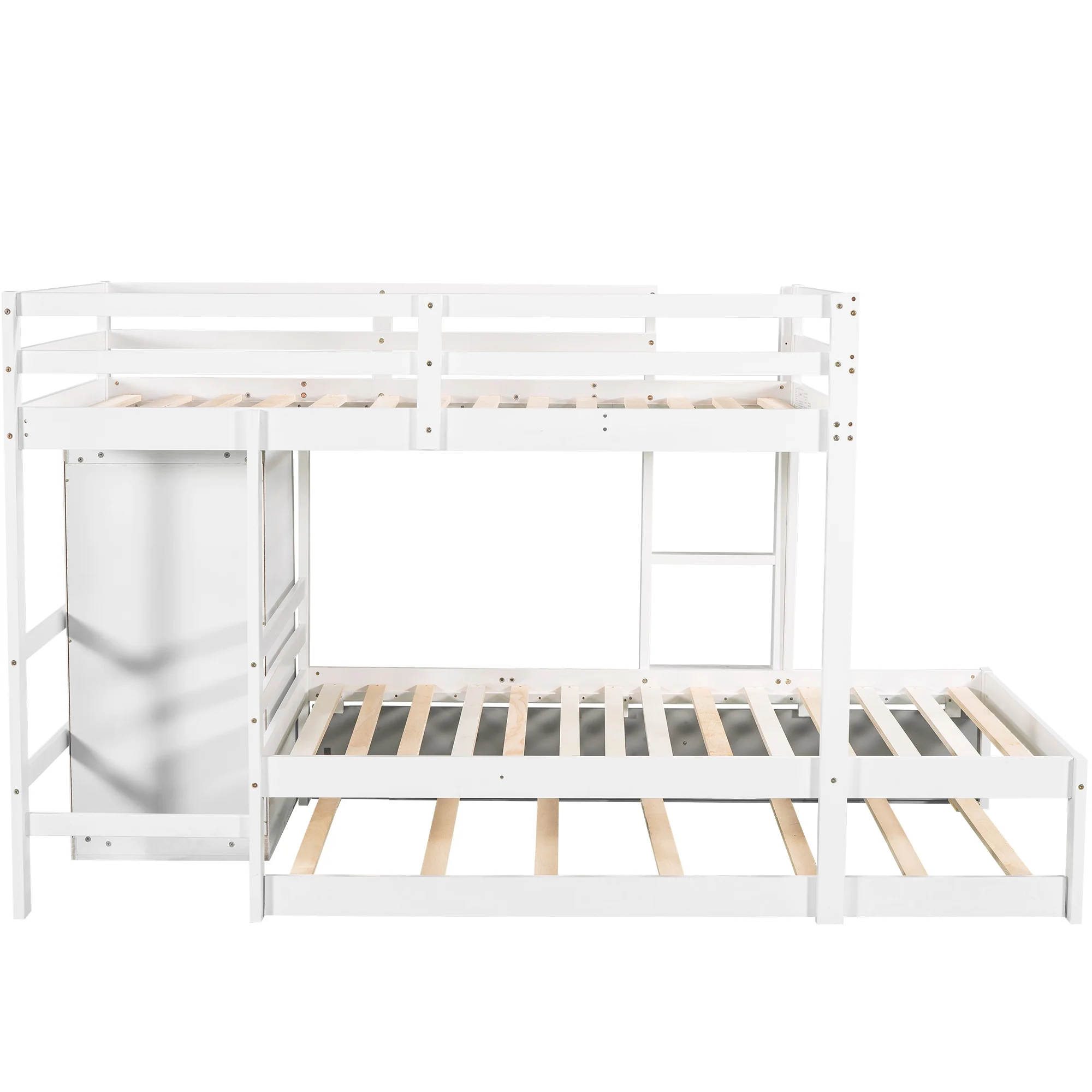 Twin over Twin Bunk Bed with Cabinet and Trundle, White