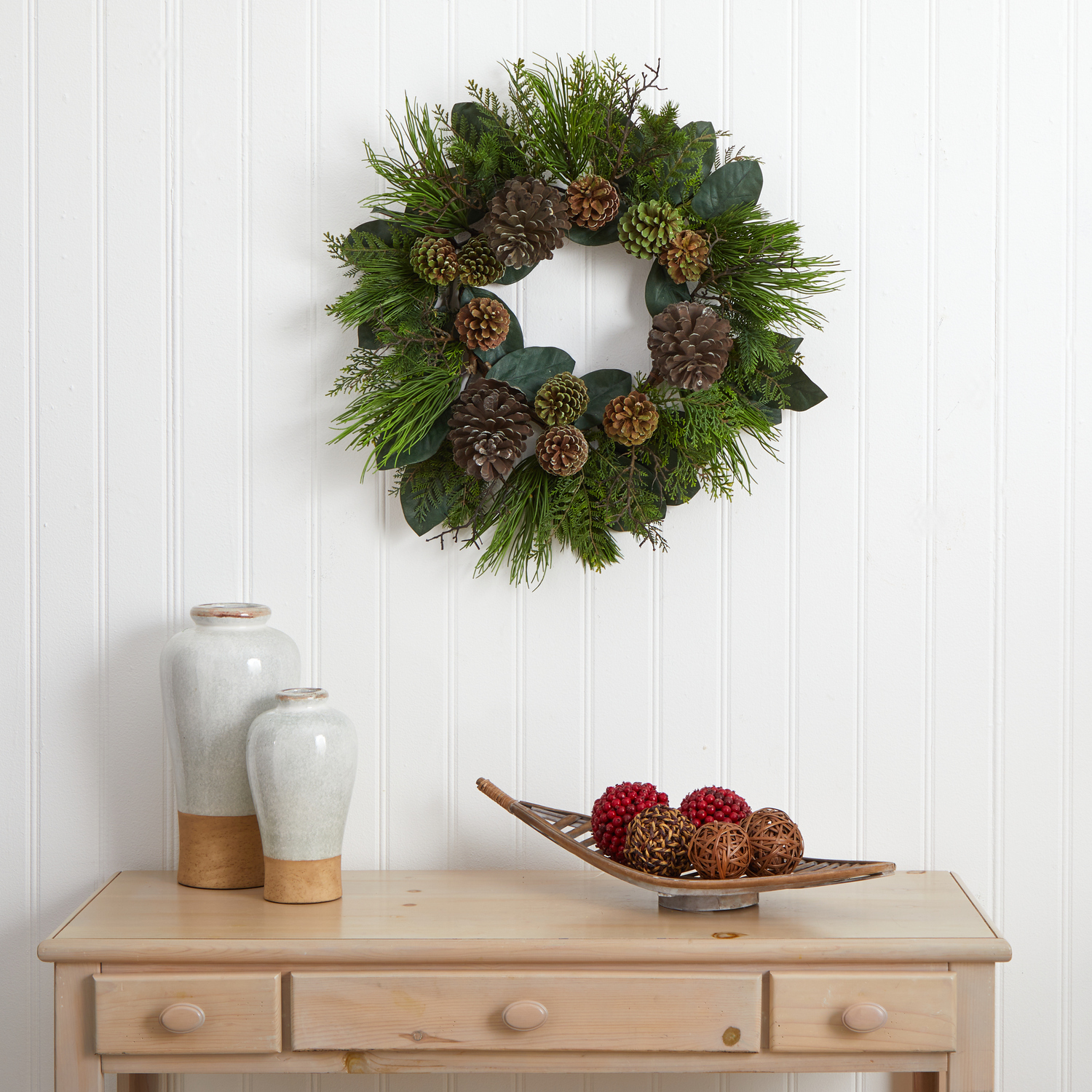 HomeStock Beachy Boho 28In. Pinecone And Pine Artificial Wreath
