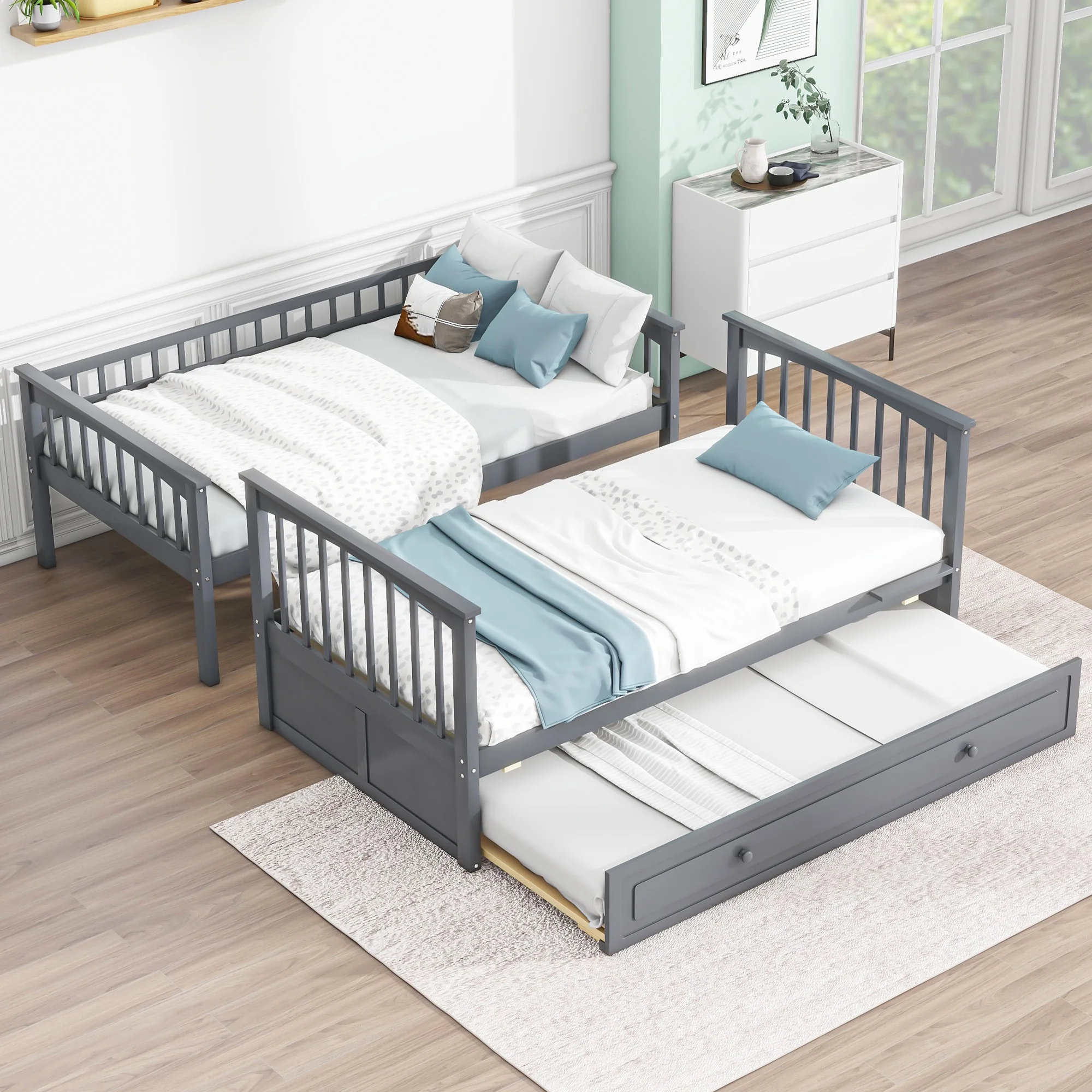 Euroco Twin over Twin Bunk Bed with Trundle for Kids, Convertible 3 Beds in One, Gray