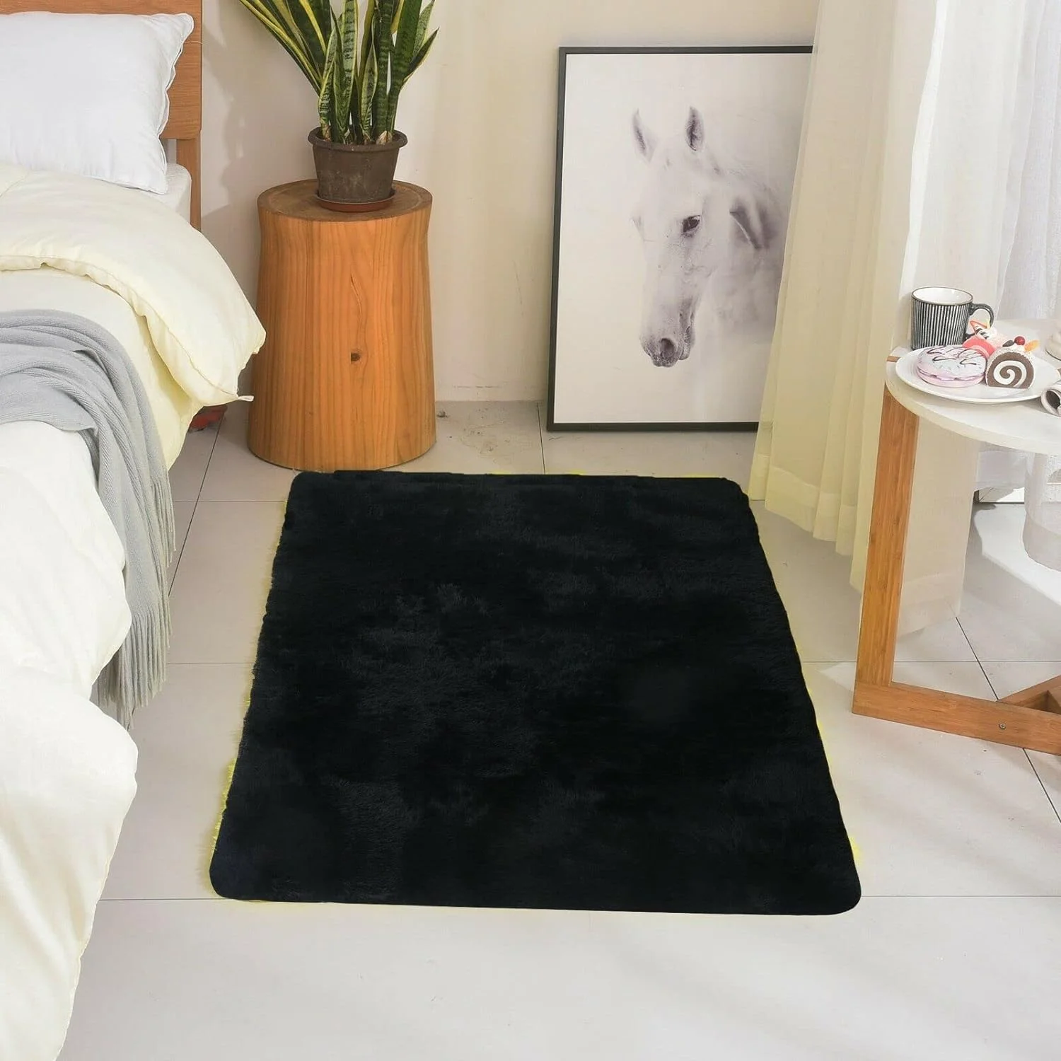 Modern Soft PV Fur Area Rug, Non-Slip Fuzzy Shag, Plush Furry Floor Carpet For Bedroom, Living Room, Nursery, Solid Color 2.5 X 4 Ft - Black