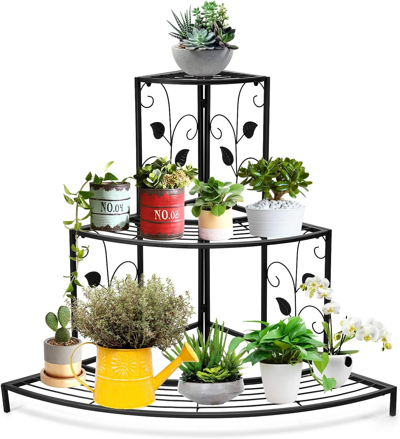 3 Tiers Corner Shelf Metal Plant Stand, Stair-Step Style Flower Pot Display, Ladder Plant Display Rack, Quarter Round Plant Shelf for Indoor Outdoor Use