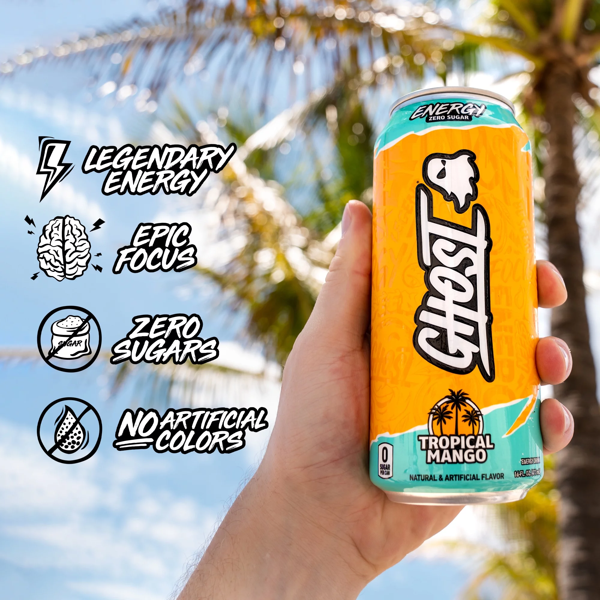 GHOST Zero Sugar Energy Drink, Tropical Mango, 16 oz Can, 12 Pk