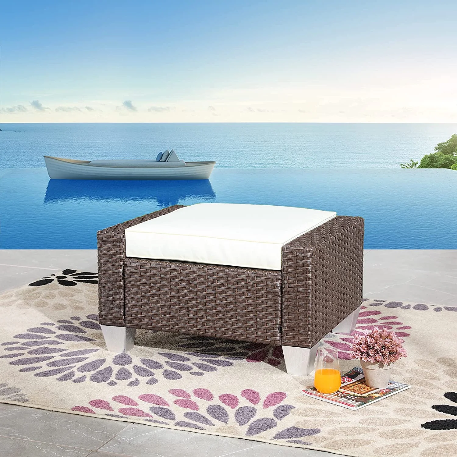 CGFHYP Patio Rattan Wicker Ottoman Outdoor Square Footrest with Removable Cushion Metal Frame Footstool All Weather Waterproof  for Garden Yard Lawn (Beige)  B-PF19009