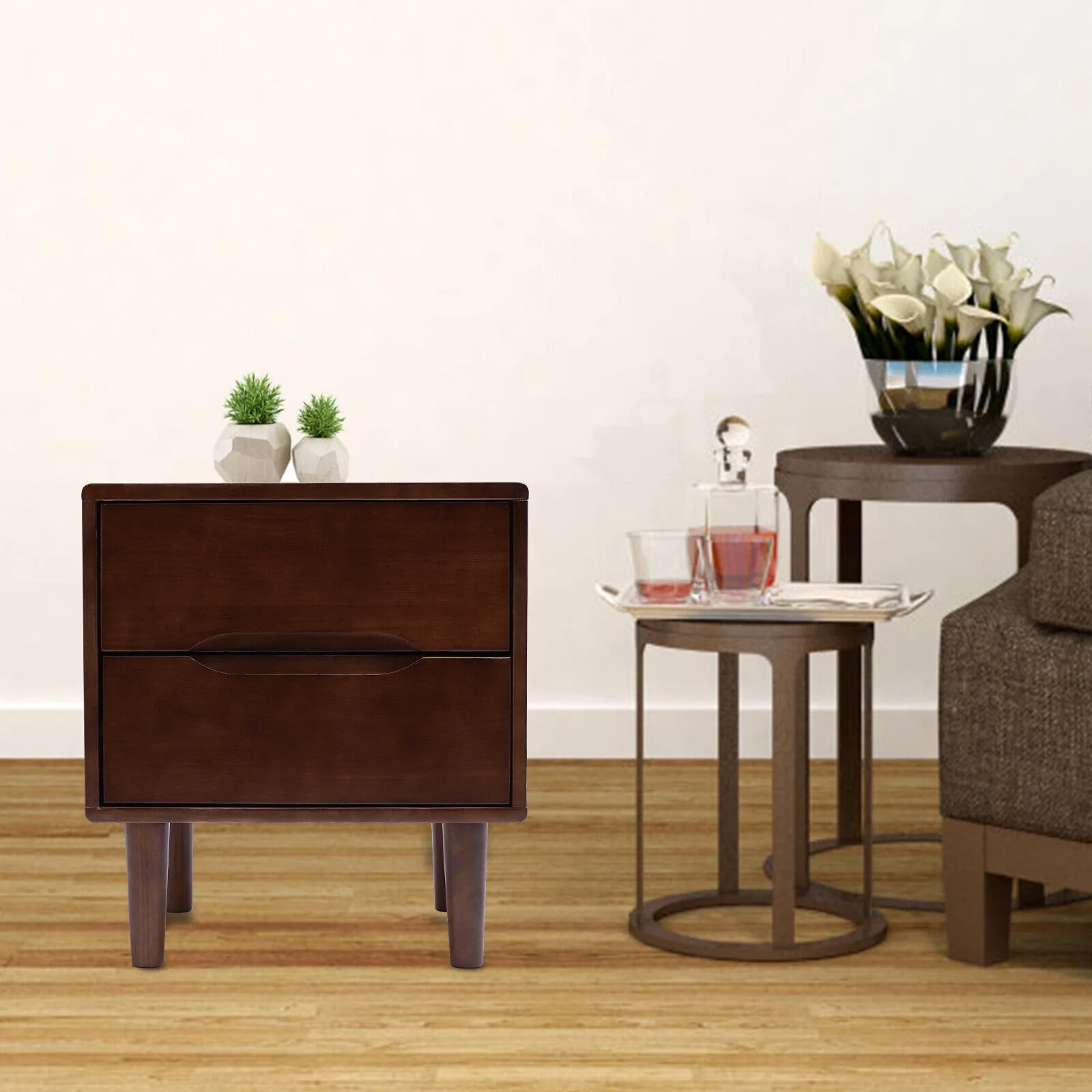 Walnut Wood Small Nightstands, Mid Century Night Stand Modern Side End Table with 2 Drawers Bedside Table for Bedroom Living Room Home Decor