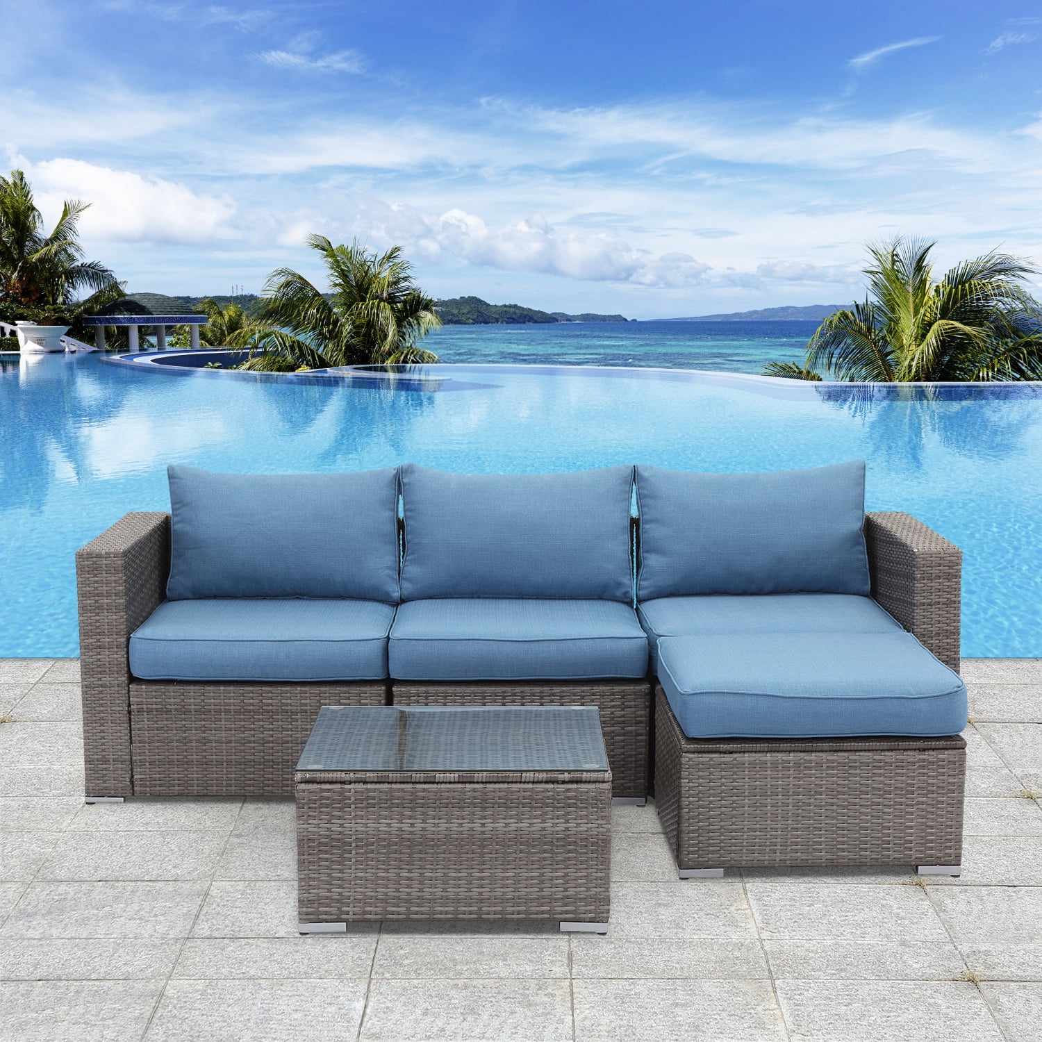 Cozyhom 5 Pcs Outdoor Sectional Sofa Set Patio Wicker Furniture Set with Tea Table