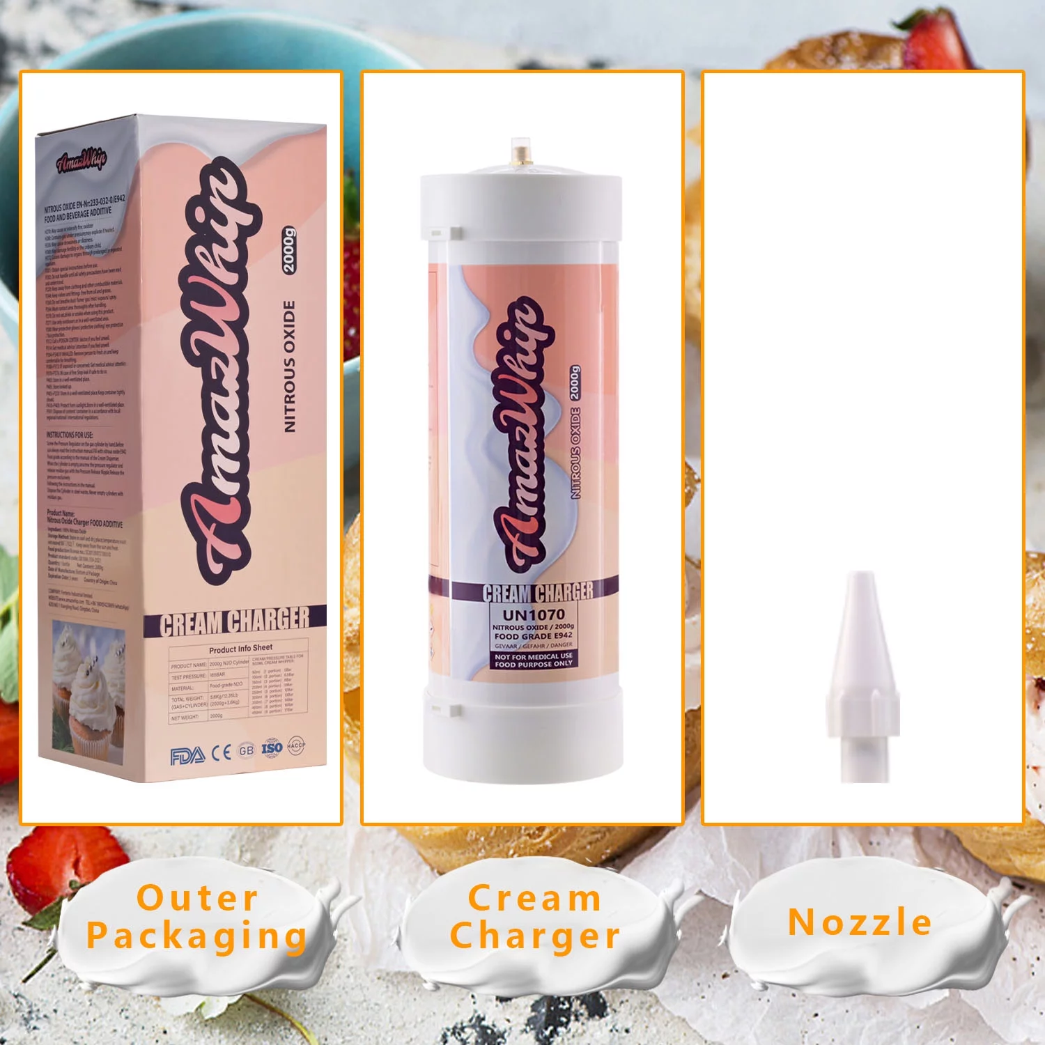 AmazWhip 2000G Whipped Cream Charger, 3.3L Cream Charger Tanks (1 Cylinder)
