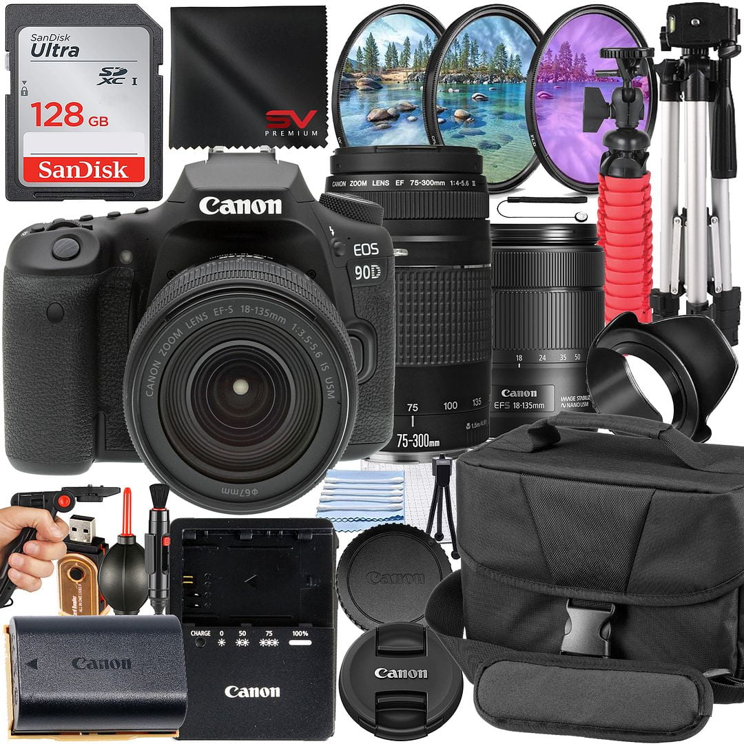 Canon EOS 90D DSLR Camera Bundle with 18-135mm USM + 75-300mm Lens + 128GB SanDisk Card + Case + Filter Kit + Tripod + SV Premium Accessory