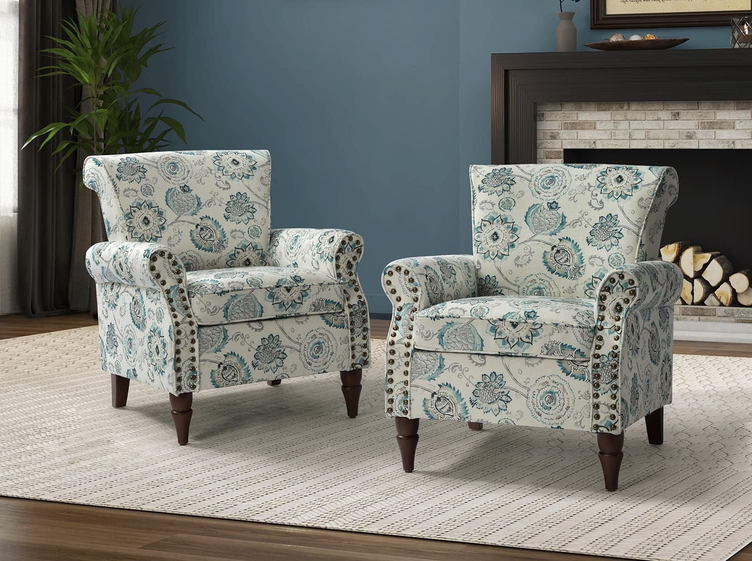 Modern Wingback Accent Chairs Set Of 2 With Wood Legs & Removable Cushion, Comfy Upholstered Armchairs With Nailhead Trim, Floral Pattern Sofa Chairs For Living Room Bedroom, Medallion