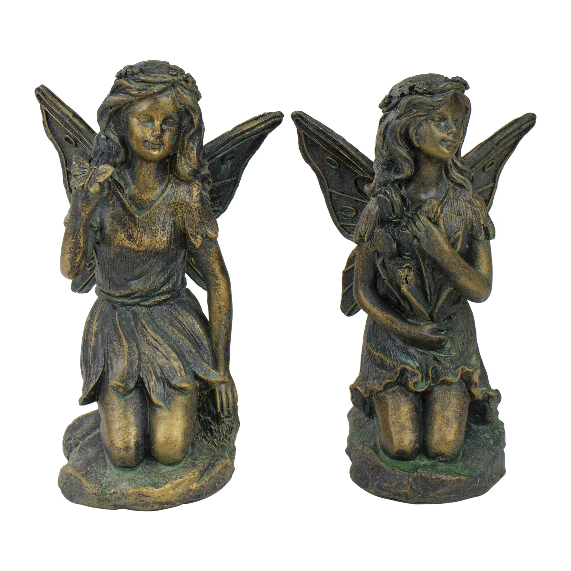Northlight Set of 2 Bronze Kneeling Fairies With Flowers and a Butterfly Outdoor Garden Statues - 7
