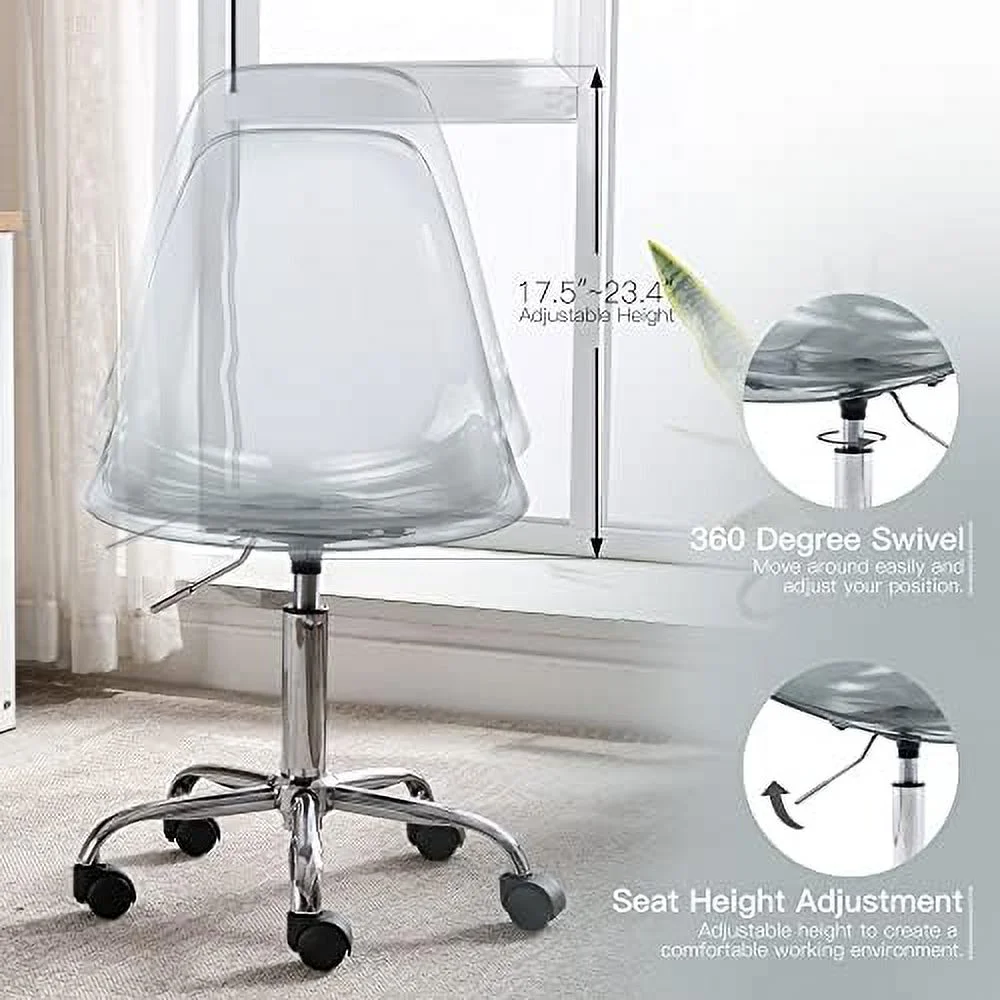 CGFHYP Acrylic Clear Desk Chair  Modern Small Cute Armless Vanity Rolling Plastic Chair Home Office Lucite Ghost Curved Chairs Padded with Golden Legs and Adjustable Height  Gold
